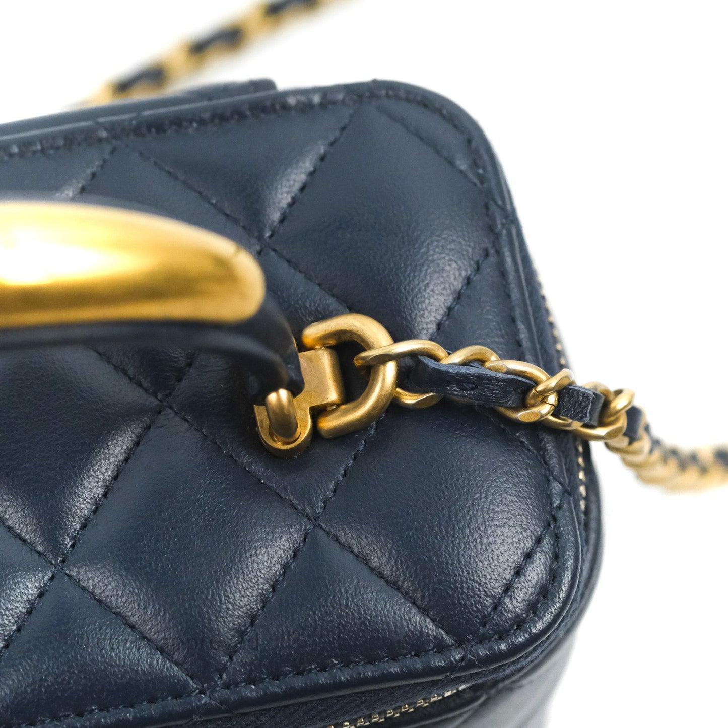 Chanel Vanity Rectangular Metal Top Handle Navy Lambskin Aged Gold Hardware 22B