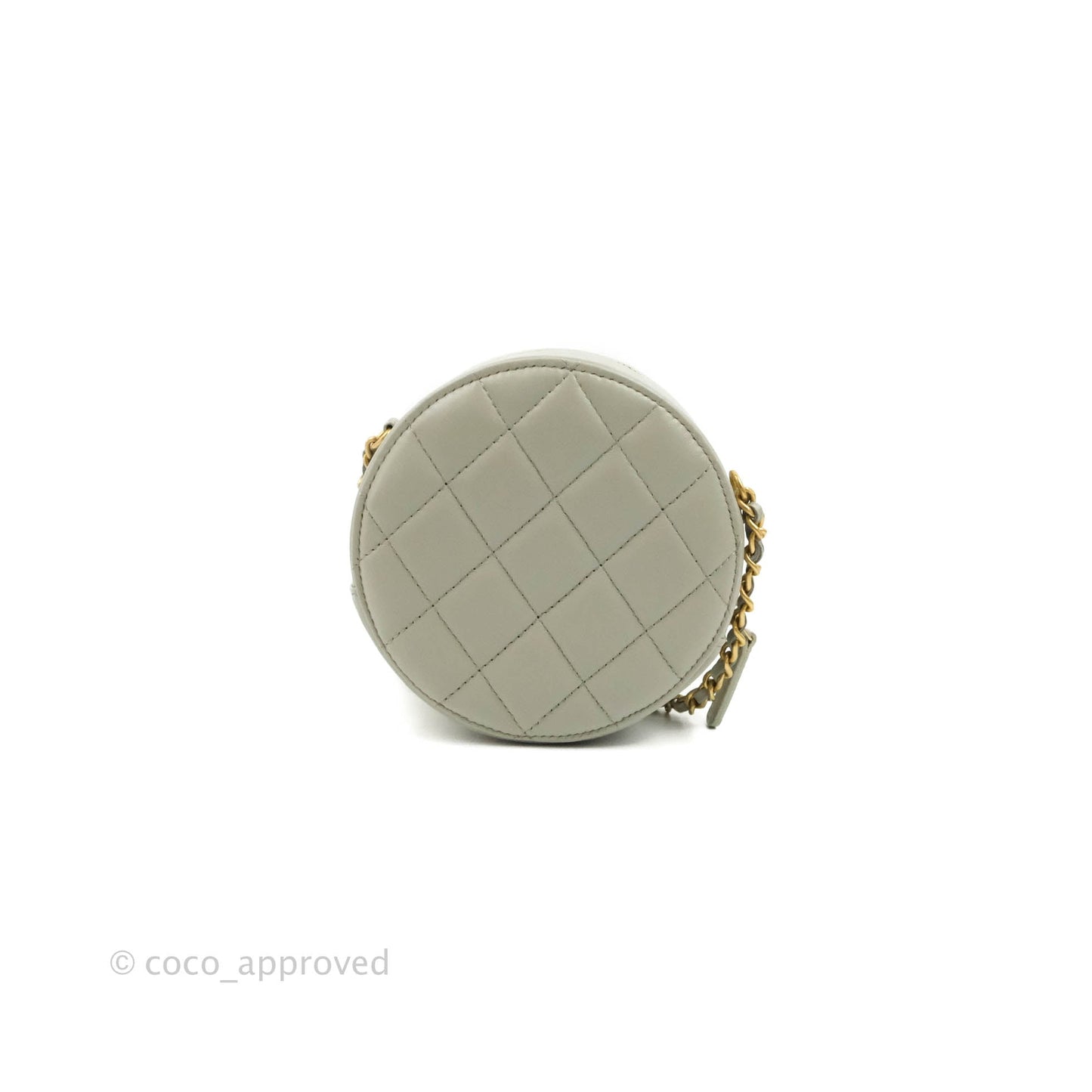Chanel Quilted Round Pearl Crush Clutch With Chain Grey Lambskin Aged Gold Hardware