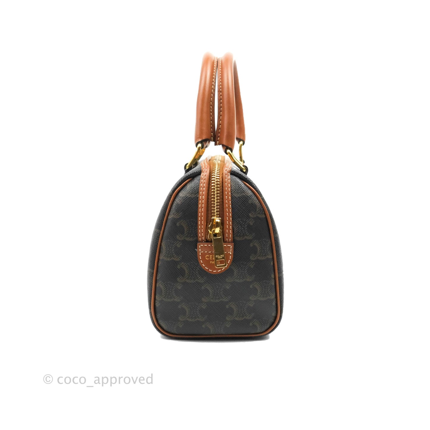 Celine Small Triomphe Canvas Boston Bag Tan Calfskin