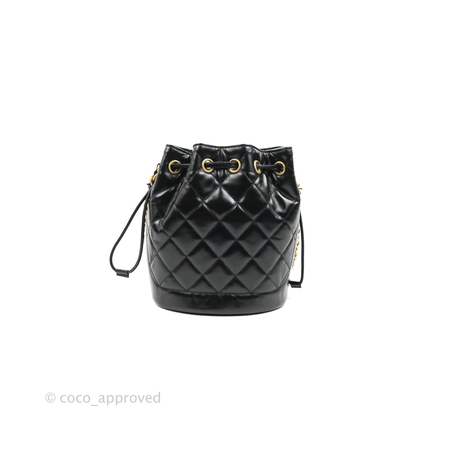 Chanel Quilted Drawstring Bucket Bag Black Calfskin Aged Gold Hardware