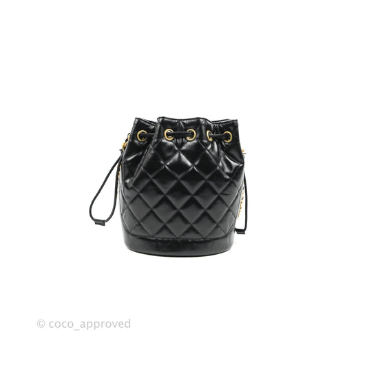 Chanel Quilted Drawstring Bucket Bag Black Calfskin Aged Gold Hardware