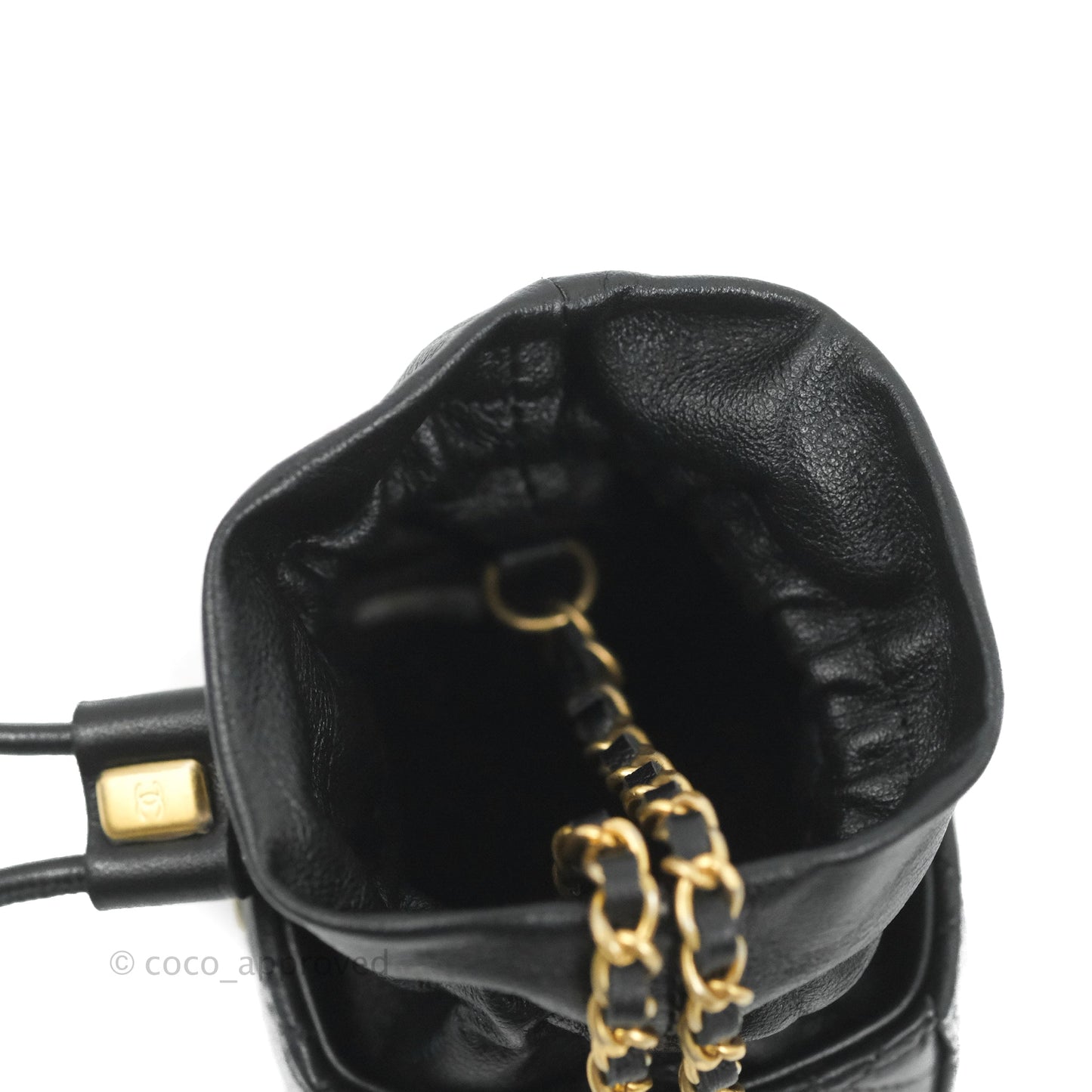 Chanel Mini Drawstring Bucket Bag with Chain Black Calfskin Aged Gold Hardware