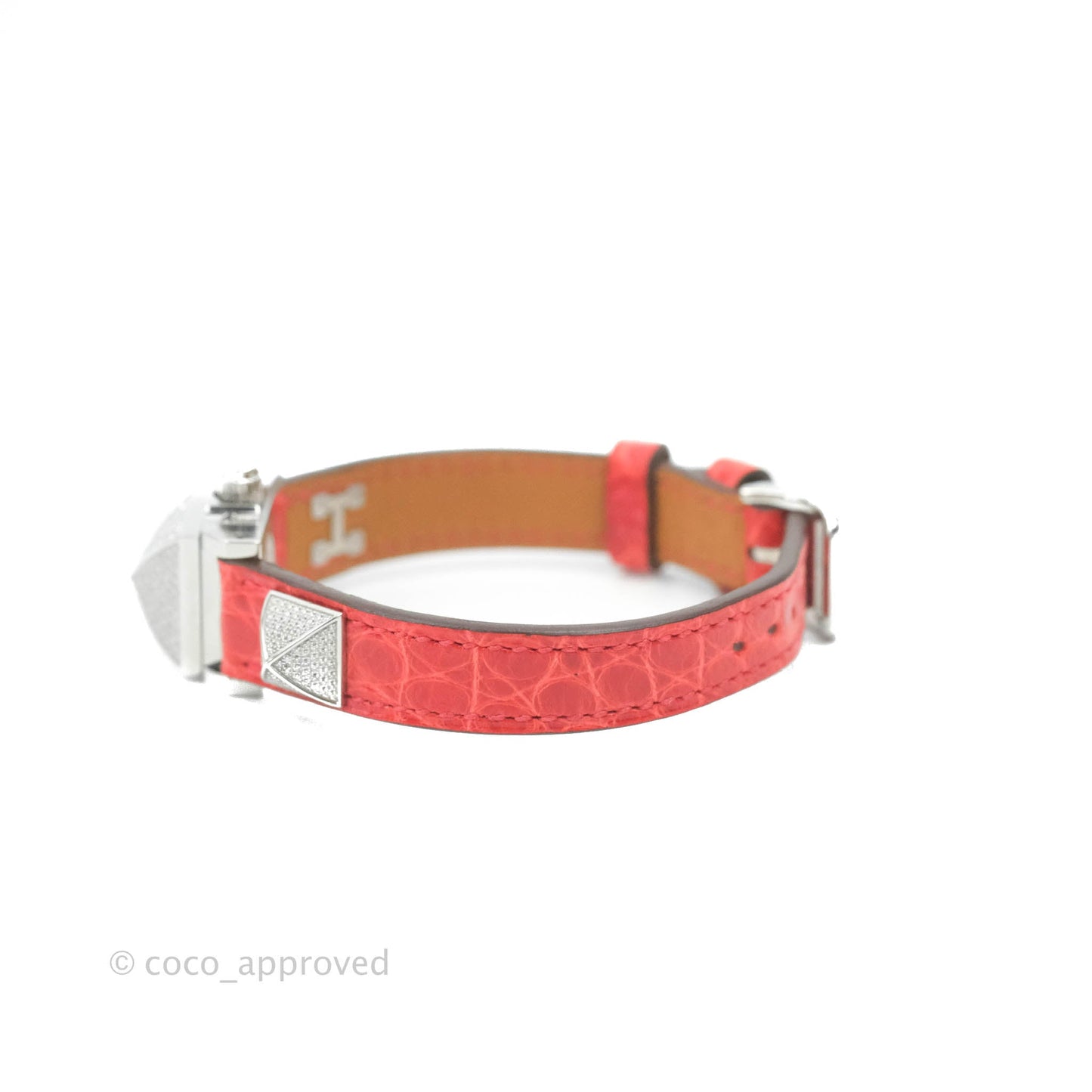 Hermes Pave Diamond Medor Red Crocodile Watch Bracelet Palladium Hardware