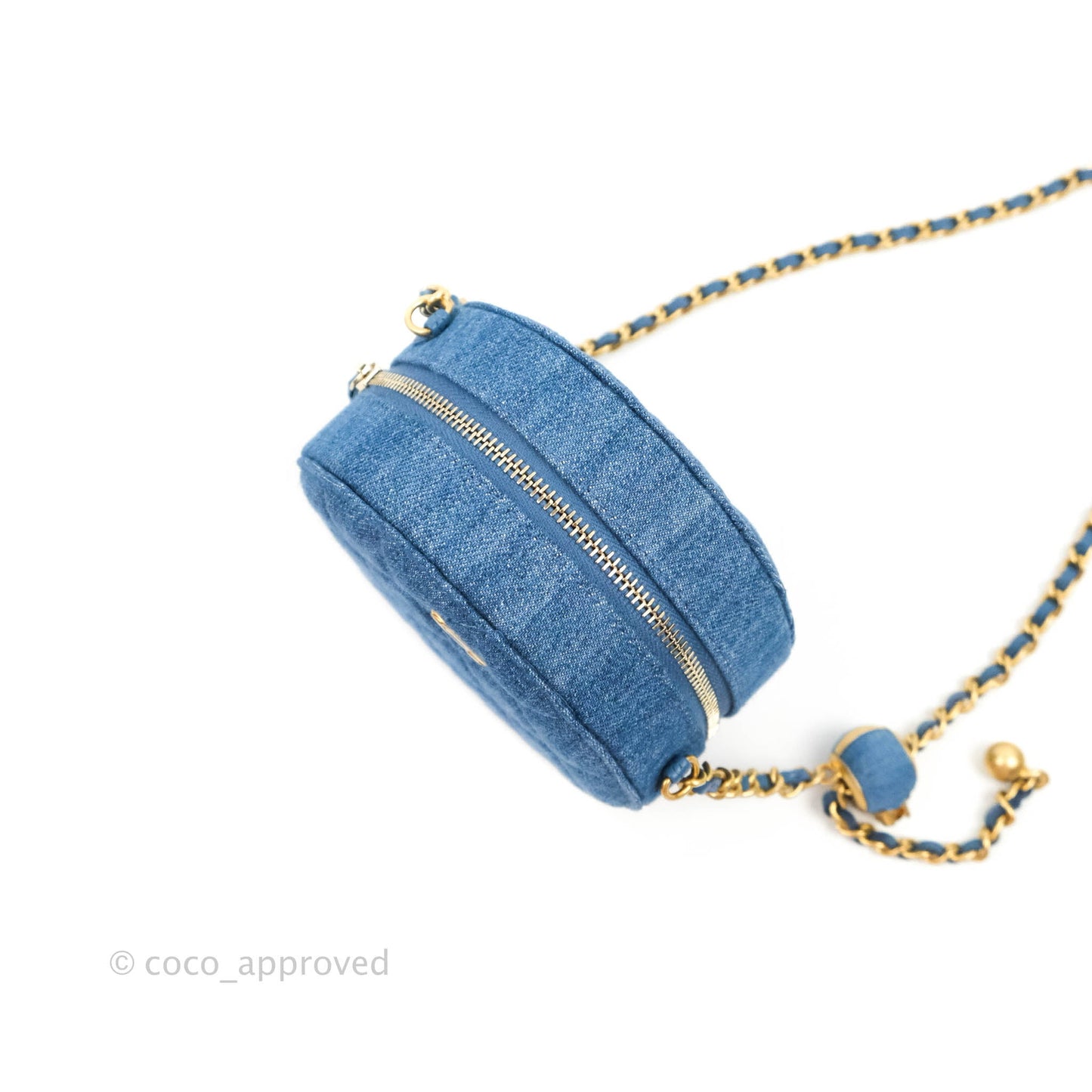Chanel Quilted Pearl Crush Round Clutch With Chain Denim Aged Gold Hardware