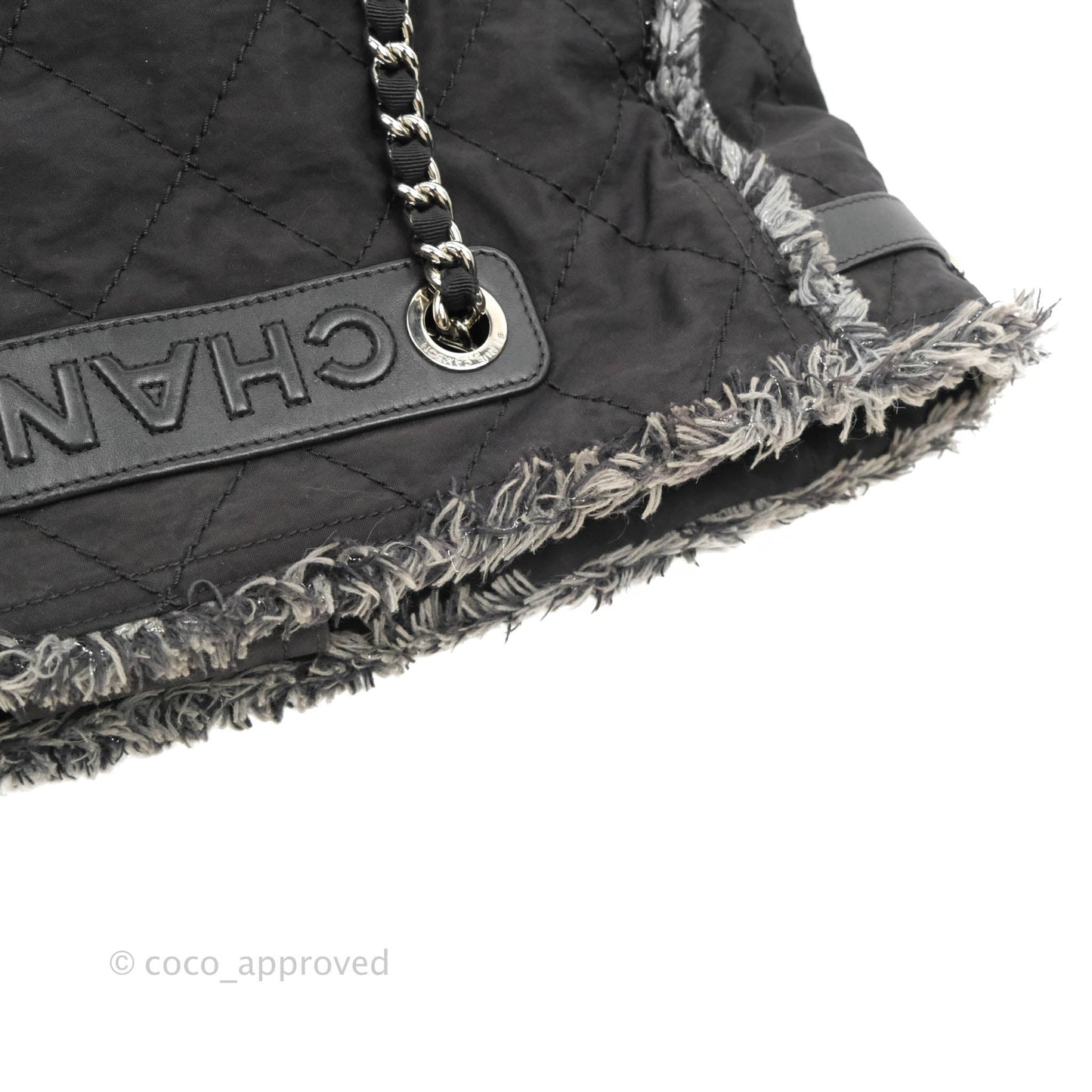 Chanel Quilted Trim Tweed Tote Black Fabric Silver Hardware