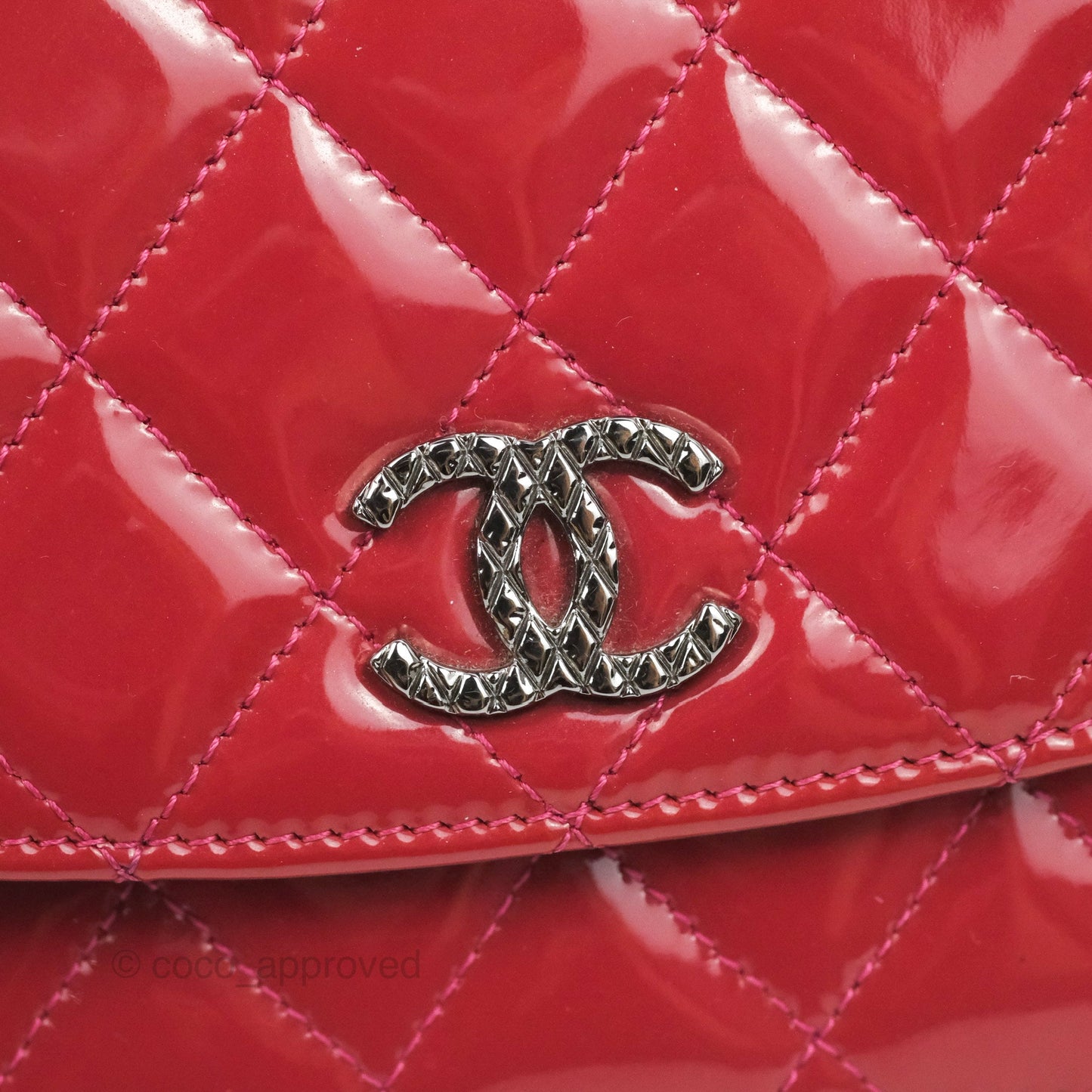 Chanel Wallet on Chain WOC Quilted Red Patent Ruthenium Hardware