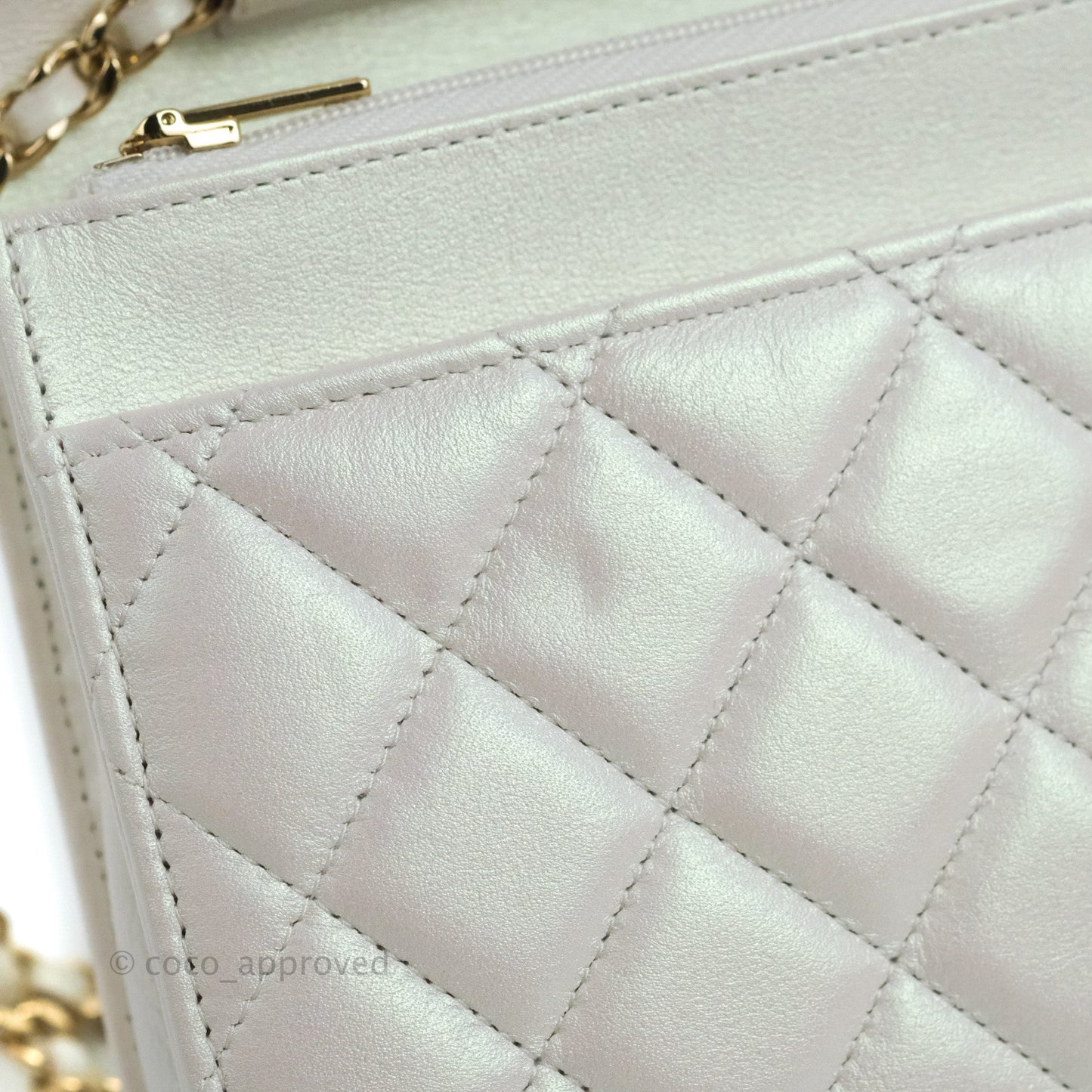Chanel Quilted Classic Wallet on Chain WOC Iridescent White Lambskin Gold Hardware