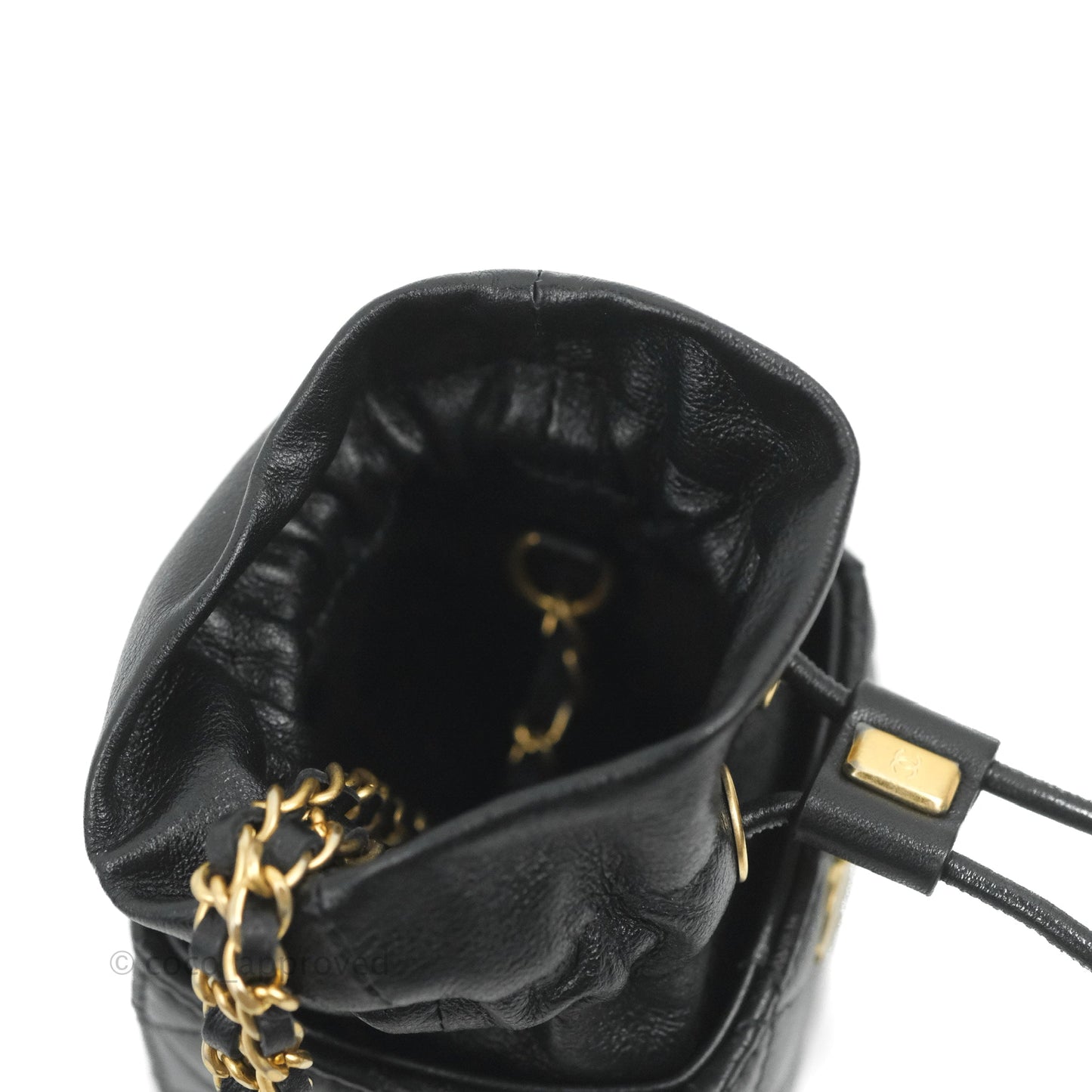 Chanel Mini Drawstring Bucket Bag with Chain Black Calfskin Aged Gold Hardware