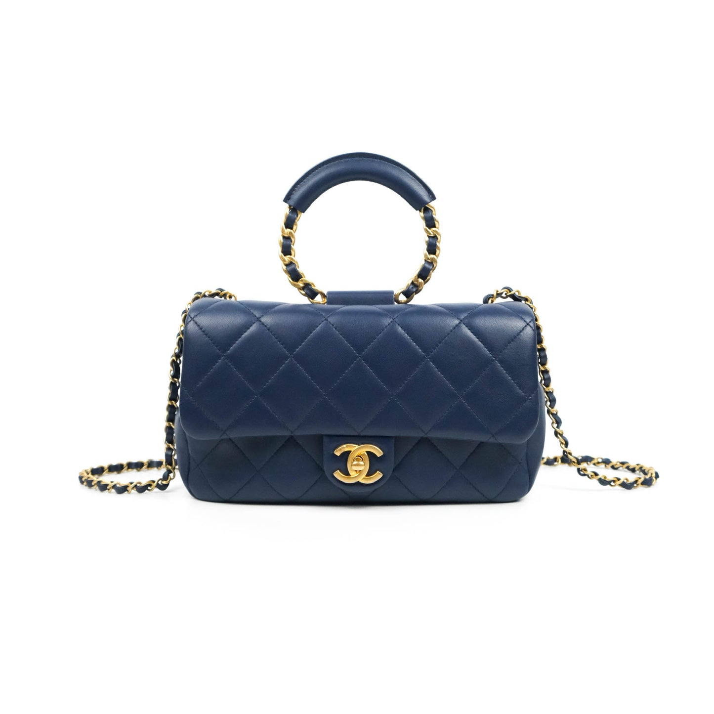 Chanel Circular Handle Flap Bag Navy Lambskin Aged Gold Hardware