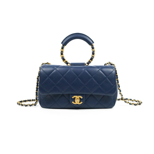 Chanel Circular Handle Flap Bag Navy Lambskin Aged Gold Hardware