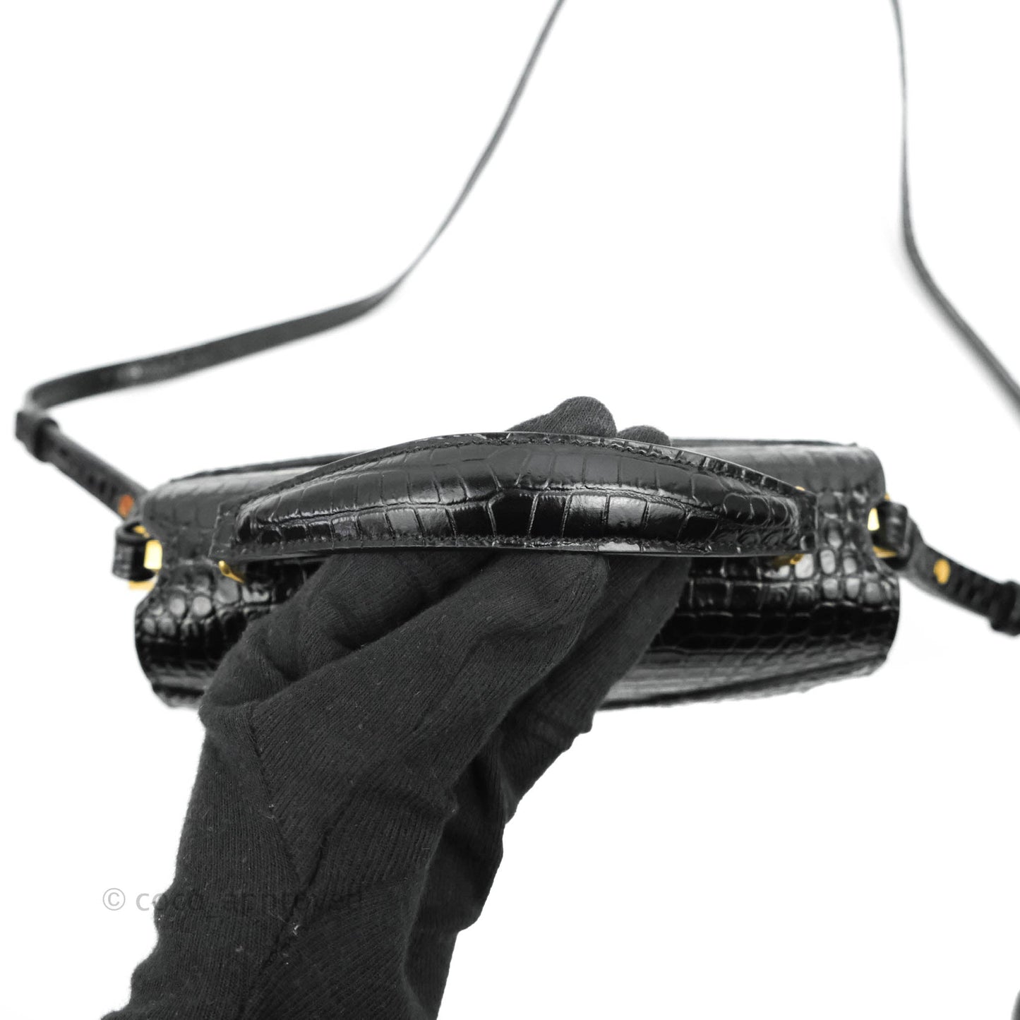Saint Lauren Cassandra Mini Top Handle Bag Black Crocodile-embossed Shiny Calfskin
