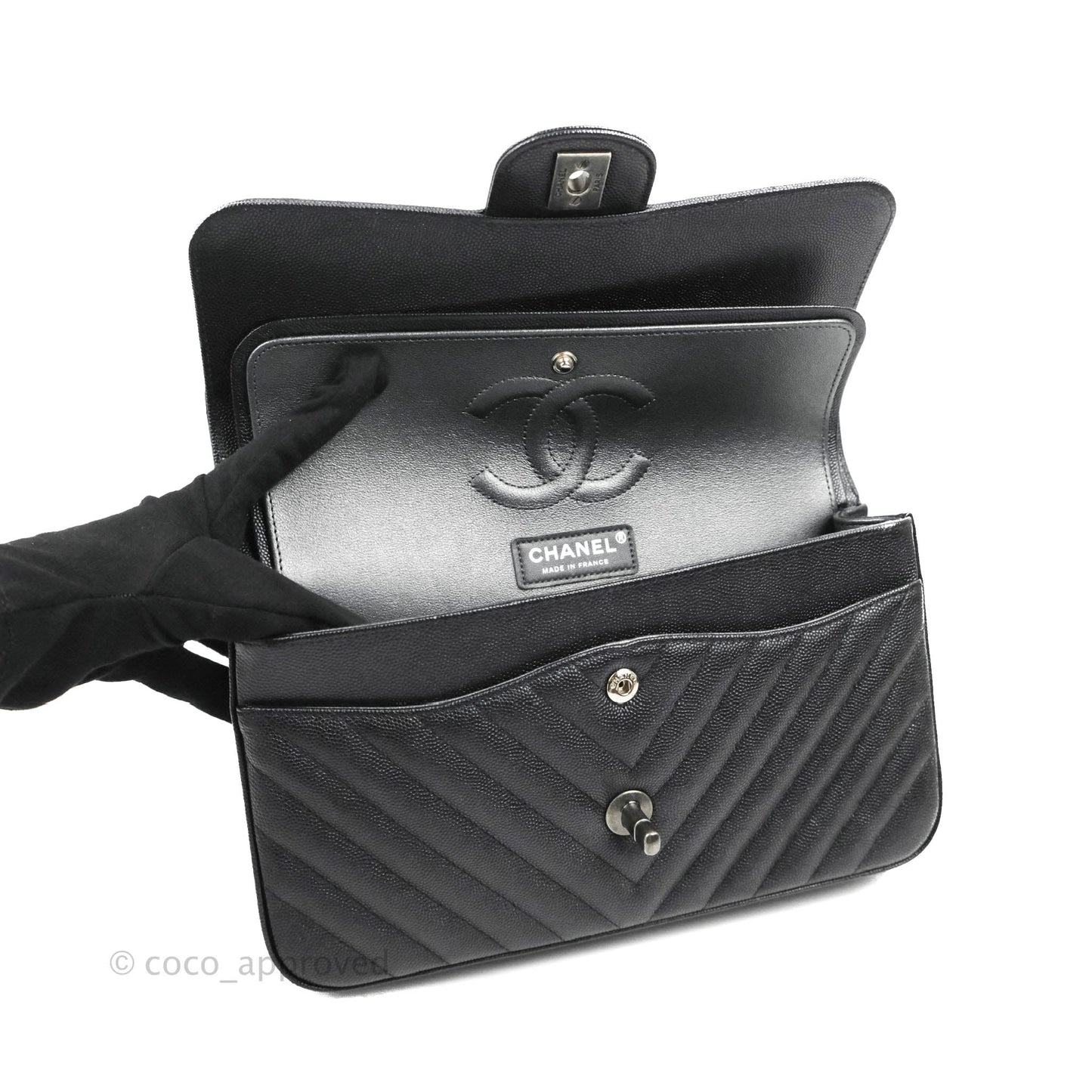 Chanel Classic M/L Medium Chevron Double Flap Iridescent Black Caviar Ruthenium Hardware 17B