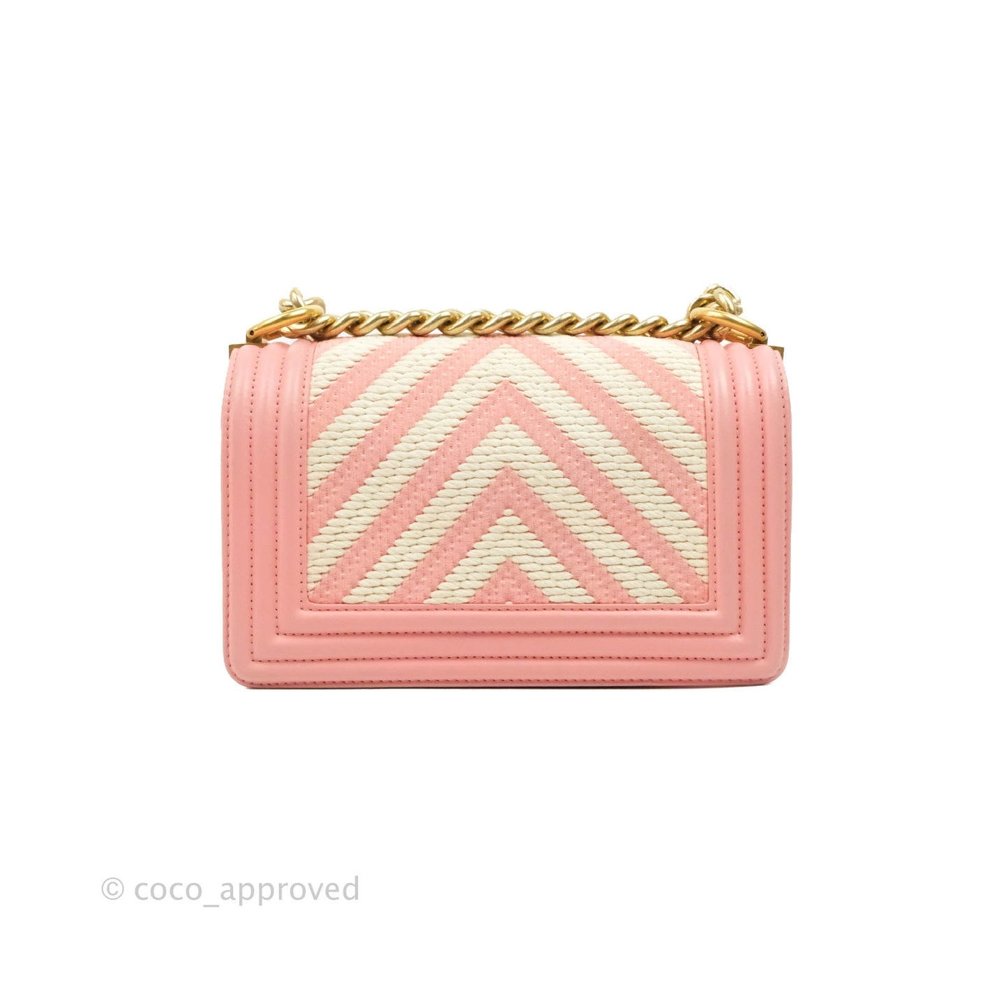 Chanel Chevron Small Boy Fabric Pink & White Aged Gold Hardware