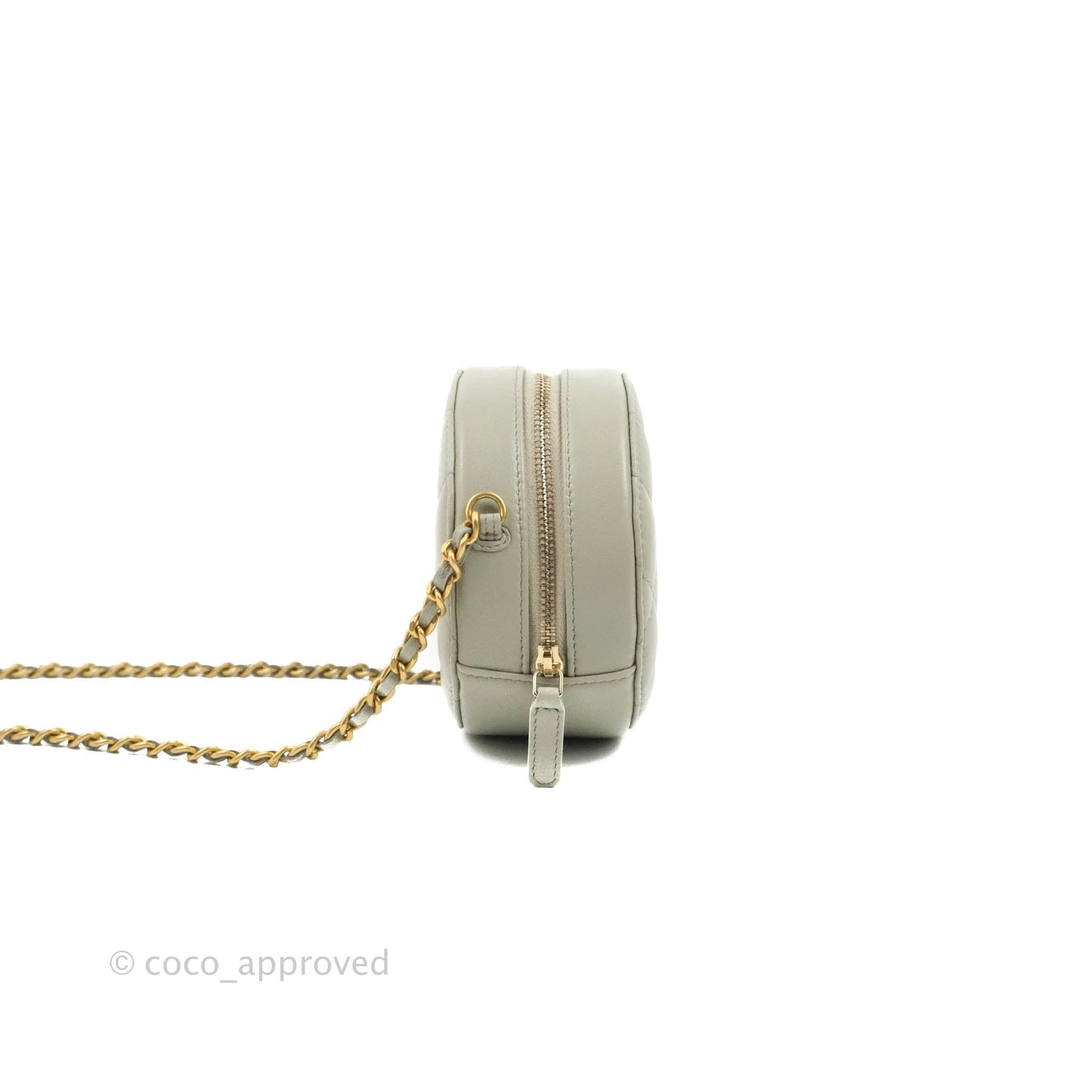 Chanel Quilted Round Pearl Crush Clutch With Chain Grey Lambskin Aged Gold Hardware