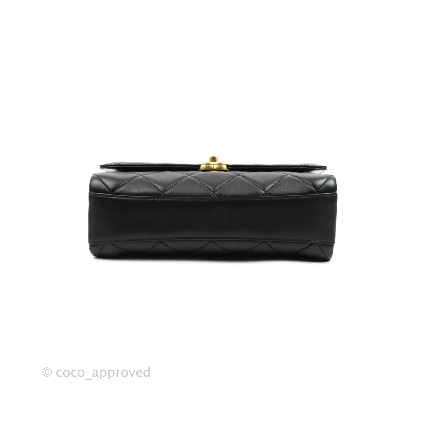 Chanel Quilted Small Flap Bag with CC Crystal Logo Handle Black Lambskin Aged Gold Hardware