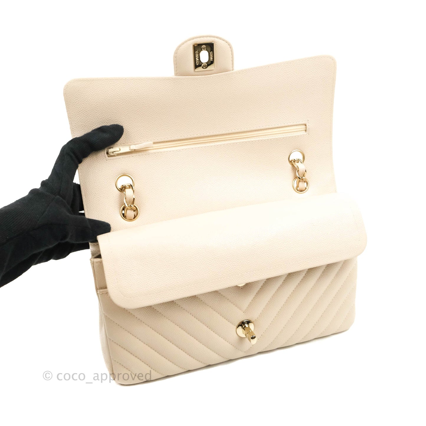 Chanel Classic M/L Medium Double Flap Chevron Ivory Caviar Gold Hardware