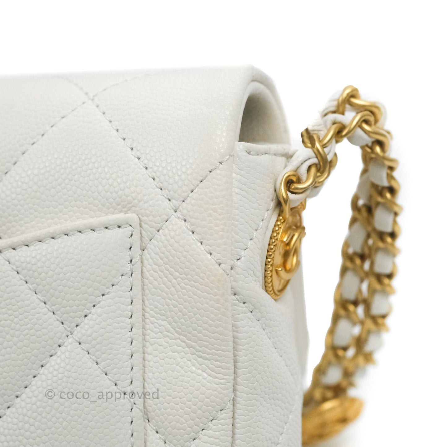 Chanel Mini Flap with Coin Charm White Caviar Aged Gold Hardware 22A