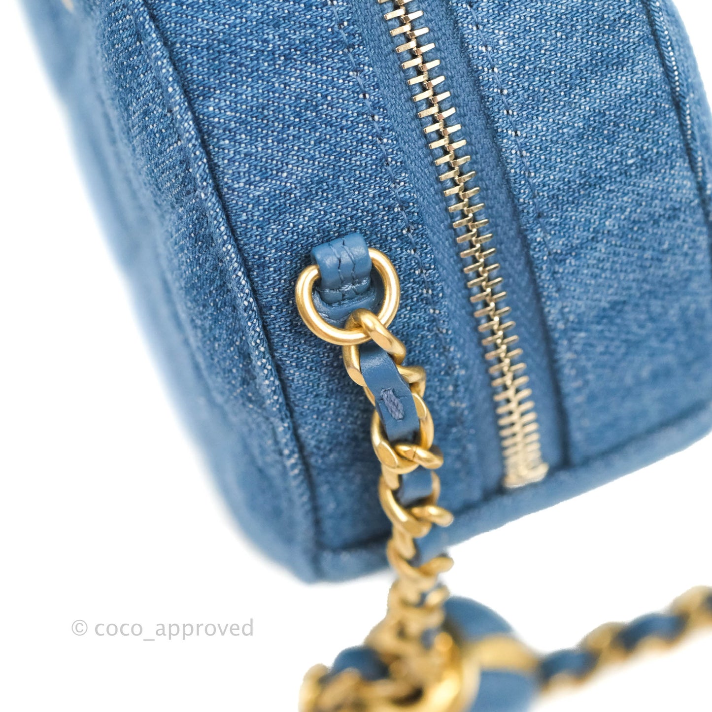 Chanel Quilted Pearl Crush Round Clutch With Chain Denim Aged Gold Hardware
