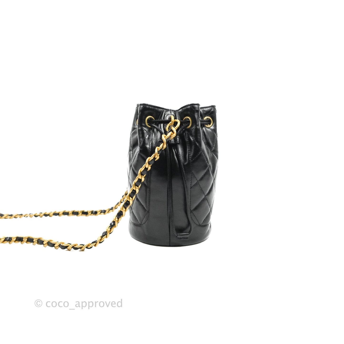 Chanel Quilted Drawstring Bucket Bag Black Calfskin Aged Gold Hardware