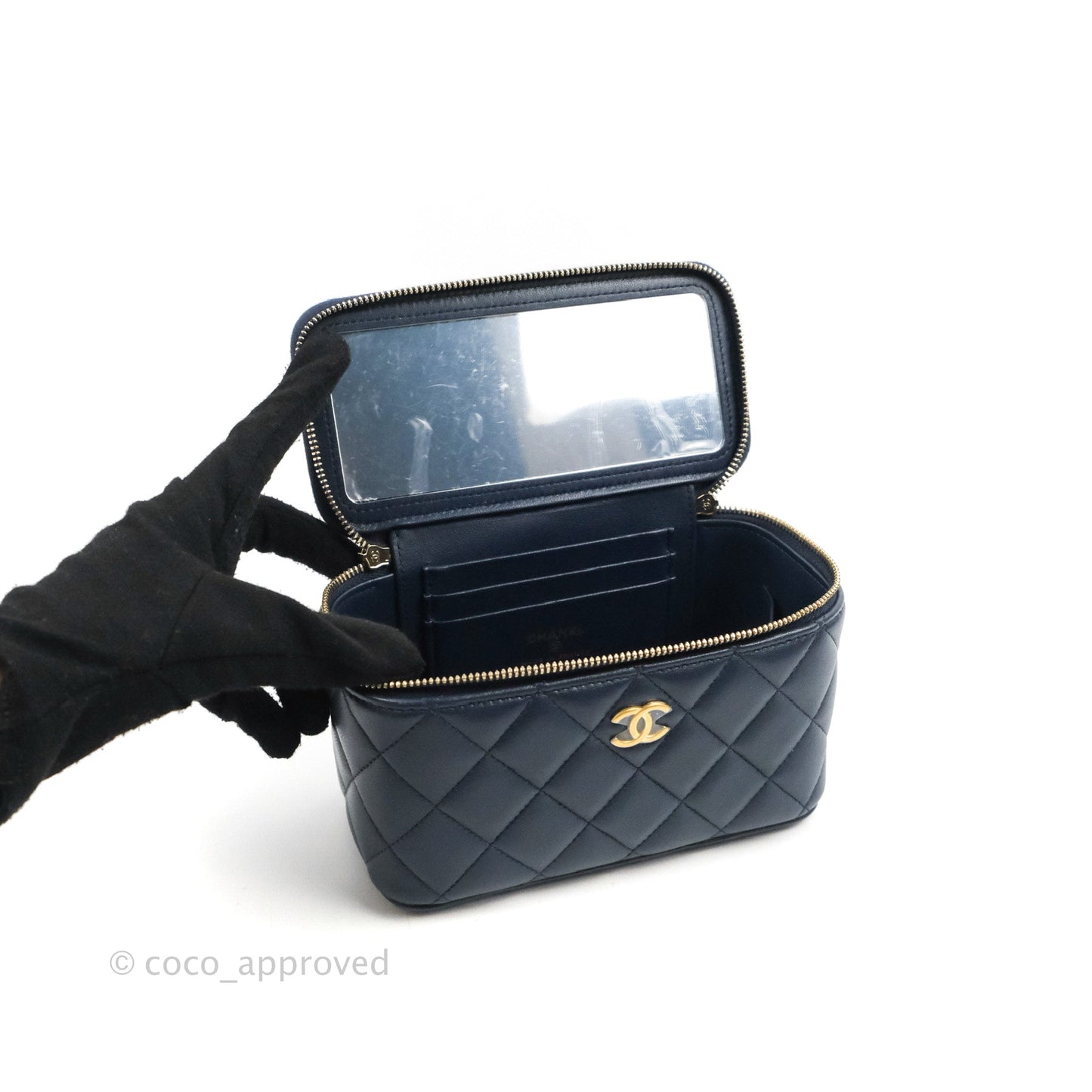 Chanel Vanity Rectangular Metal Top Handle Navy Lambskin Aged Gold Hardware 22B