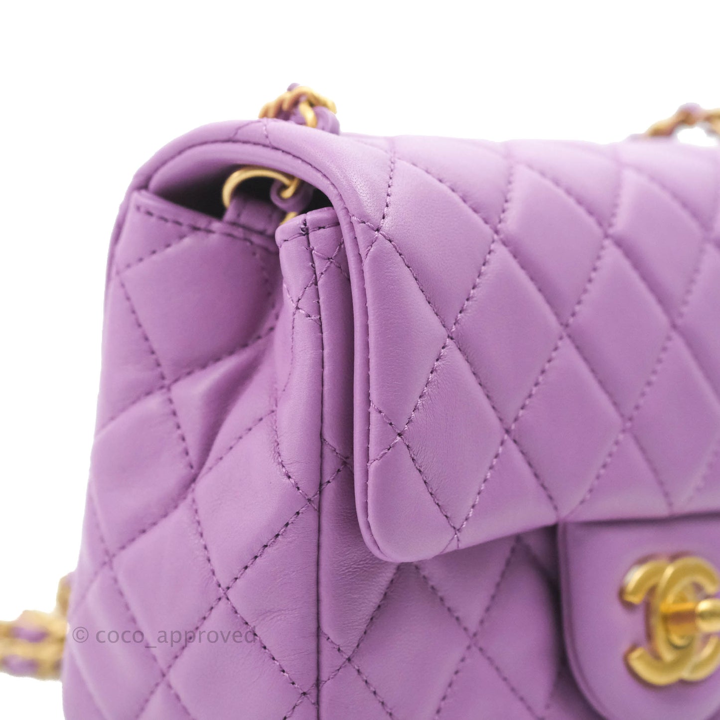 Chanel Mini Square Pearl Crush Quilted Purple Lambskin Aged Gold Hardware