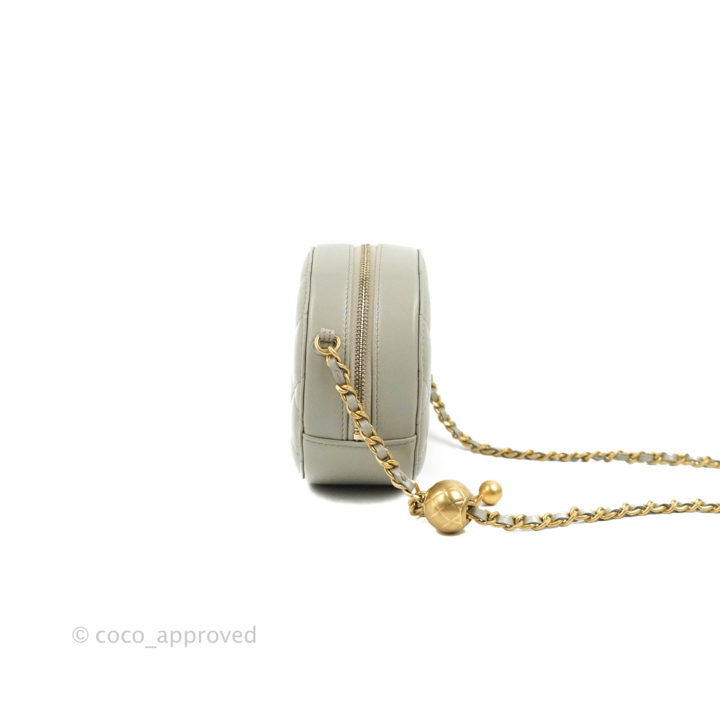 Chanel Quilted Round Pearl Crush Clutch With Chain Grey Lambskin Aged Gold Hardware