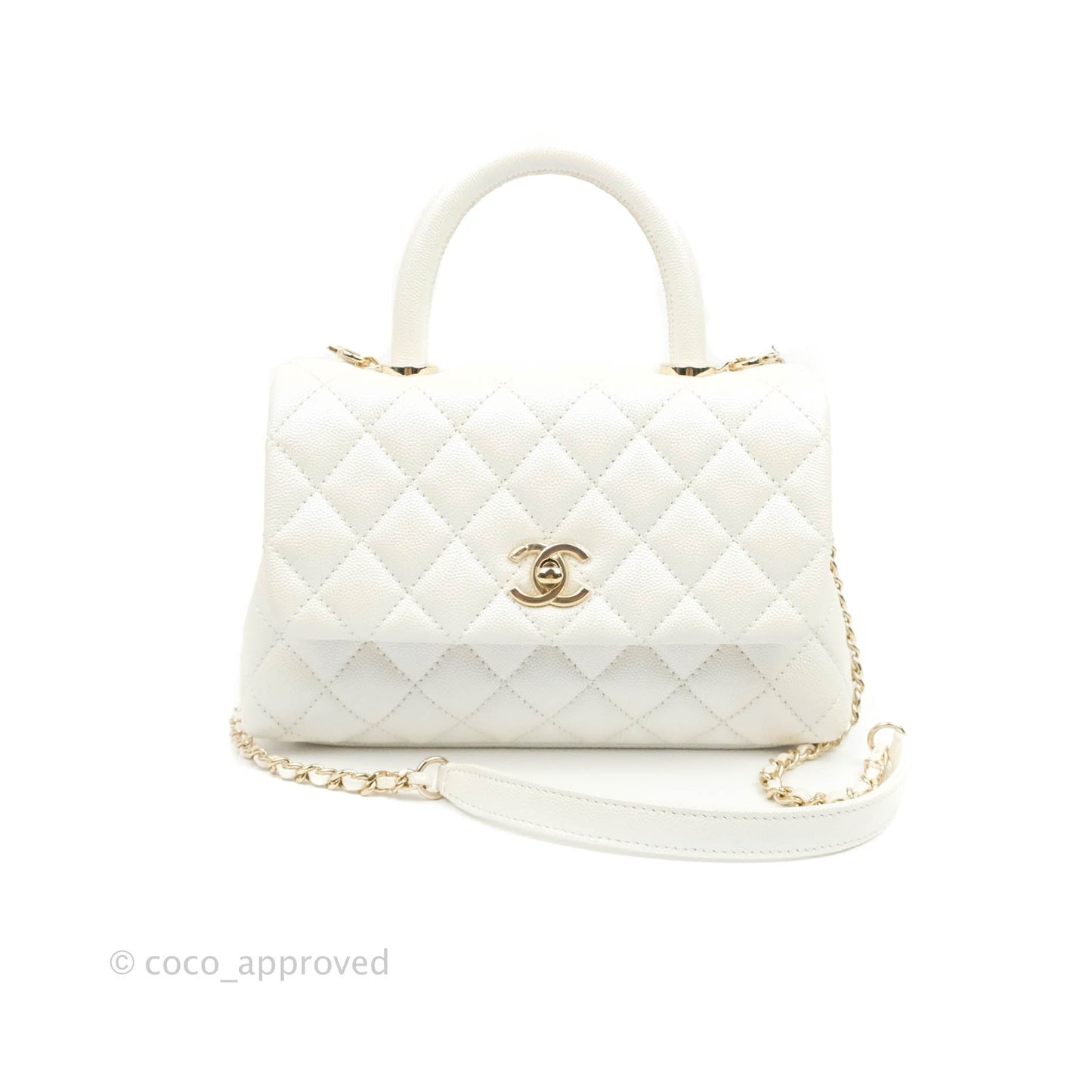 Chanel Small Quilted Coco Handle Iridescent White Caviar Gold Hardware
