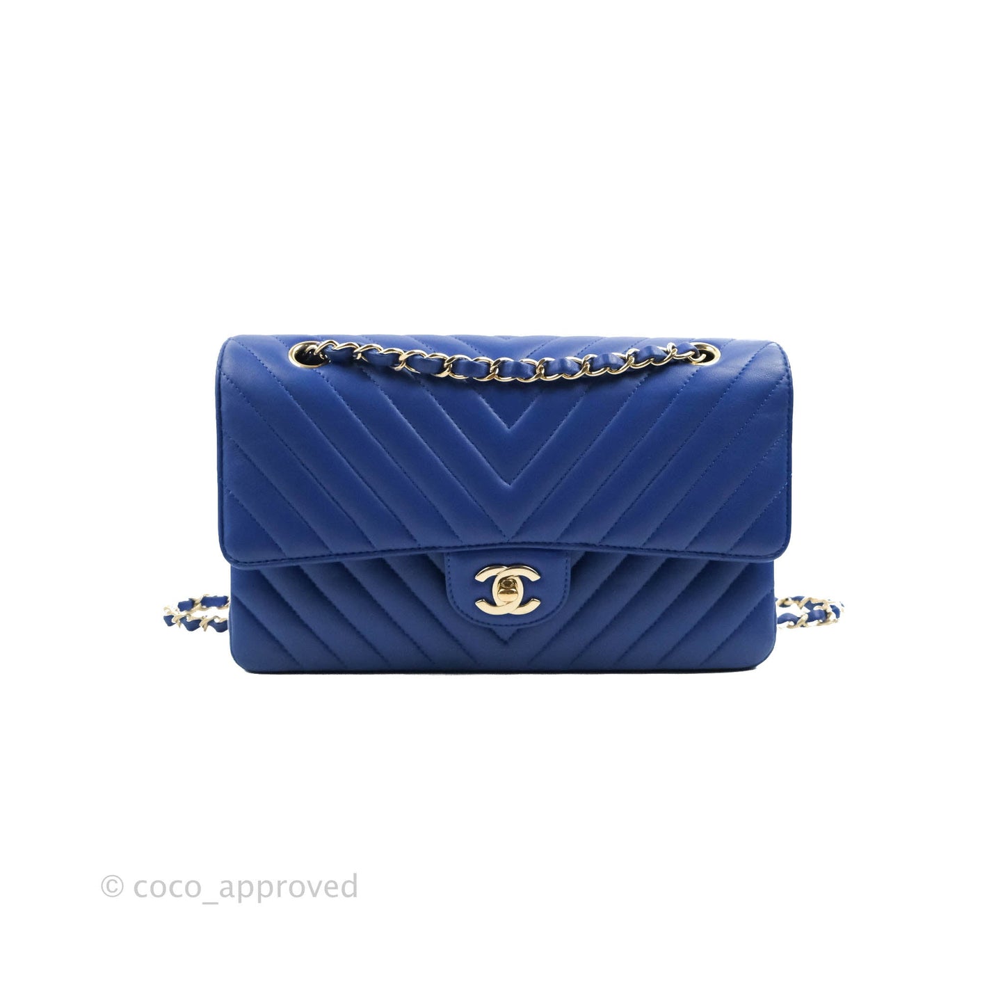 Chanel Classic M/L Medium Chevron Double Flap Blue Lambskin Gold Hardware