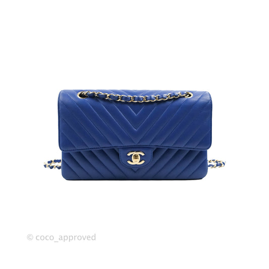 Chanel Classic M/L Medium Chevron Double Flap Blue Lambskin Gold Hardware
