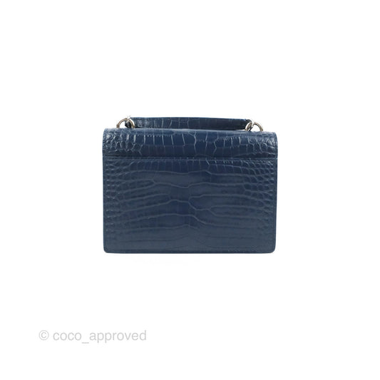 Saint Laurent Sunset Chain Wallet Navy Croc-embossed Shiny Calfskin Silver Hardware