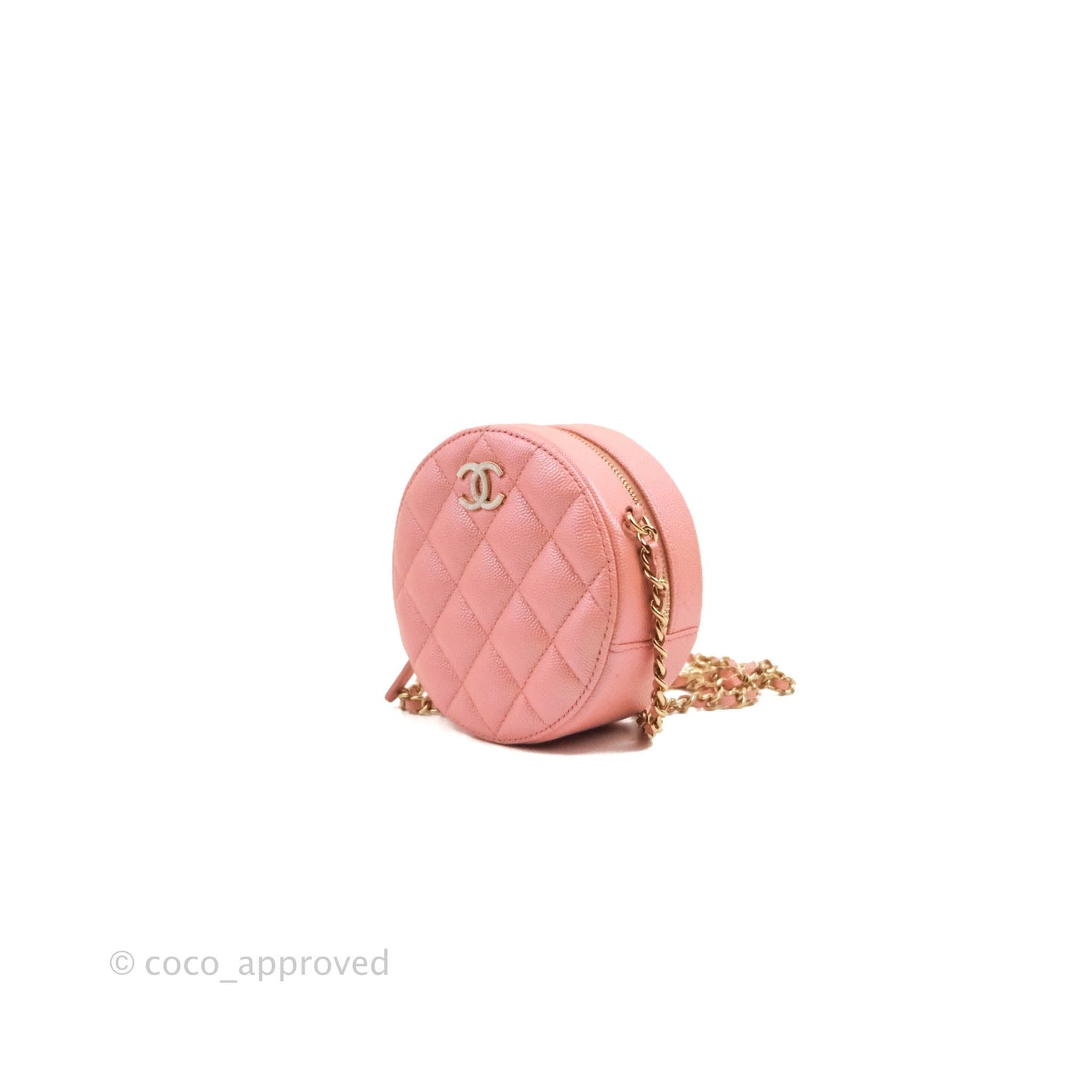Chanel Classic Quilted Round Clutch With Chain Iridescent Pink Caviar Gold Hardware 19S