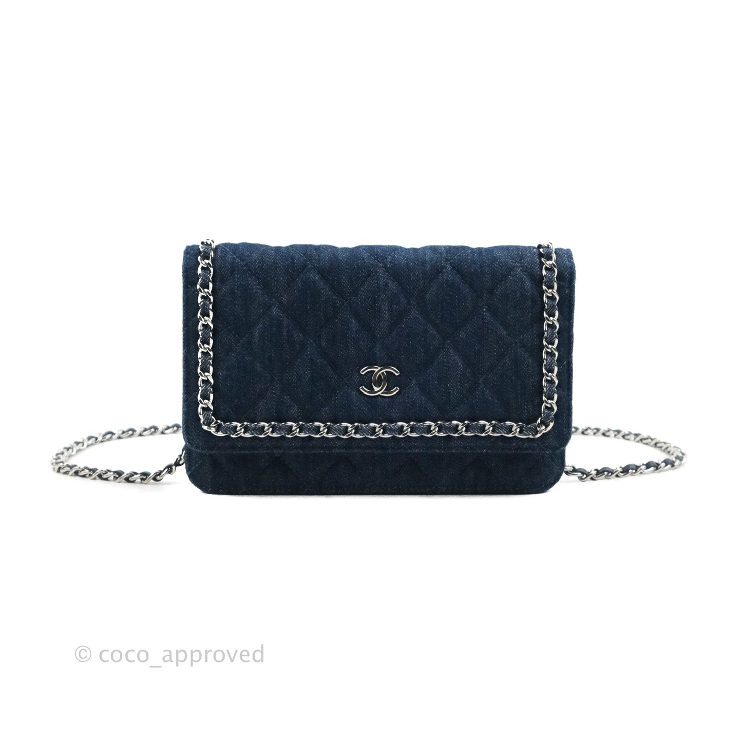 Chanel Quilted Chain Around Wallet on Chain WOC Dark Blue Denim Silver Hardware