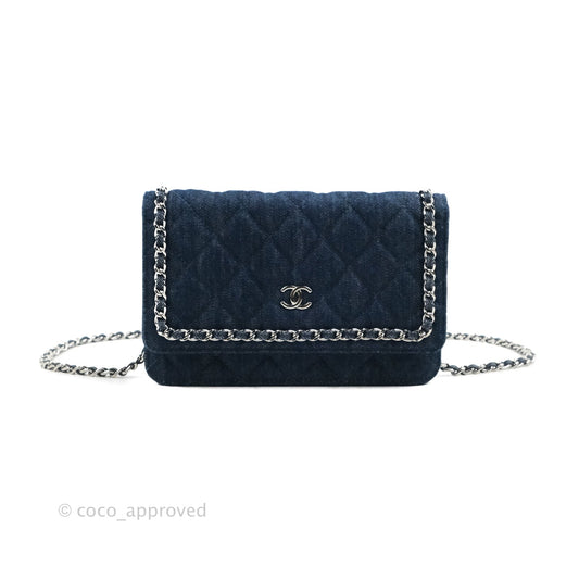 Chanel Quilted Chain Around Wallet on Chain WOC Dark Blue Denim Silver Hardware