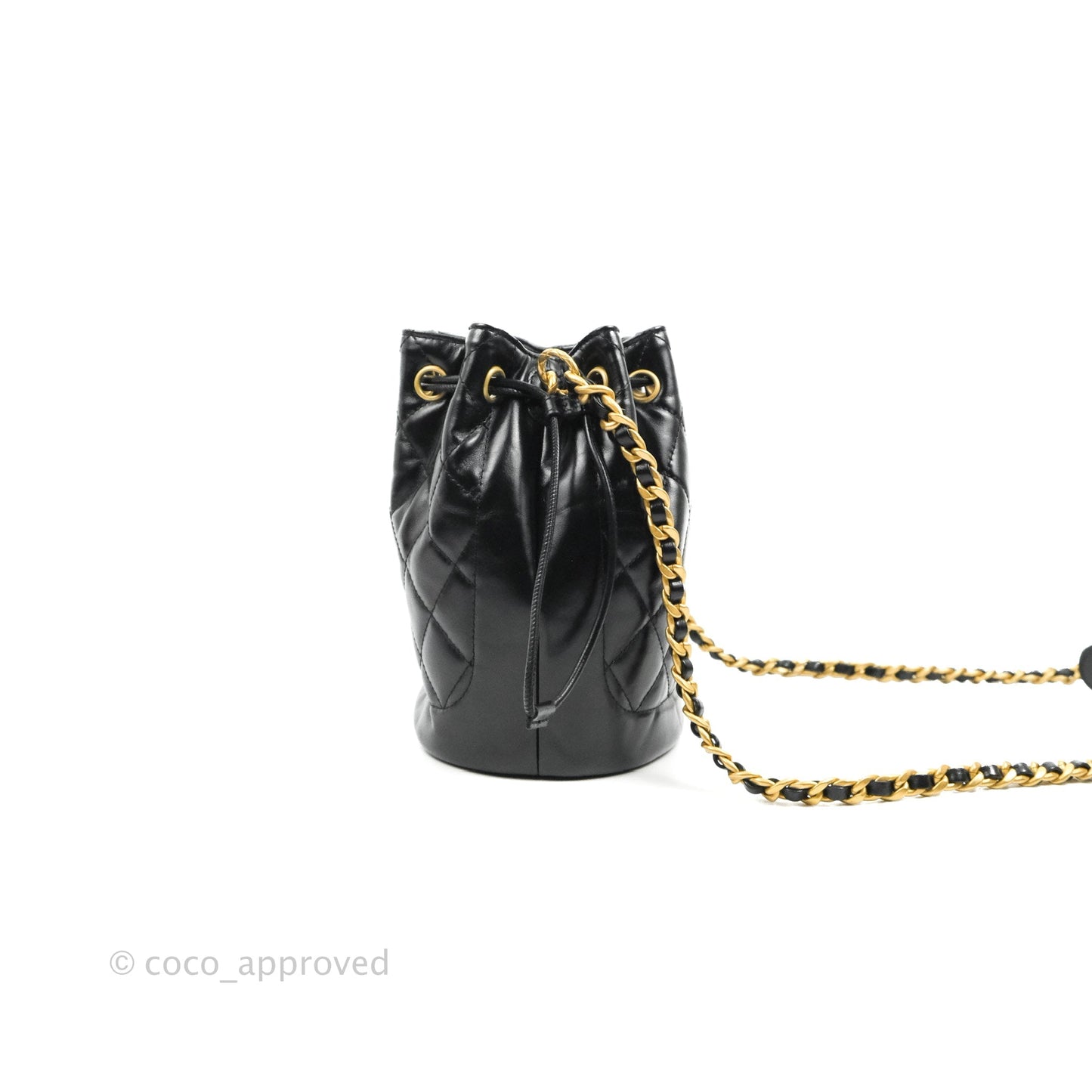 Chanel Quilted Drawstring Bucket Bag Black Calfskin Aged Gold Hardware
