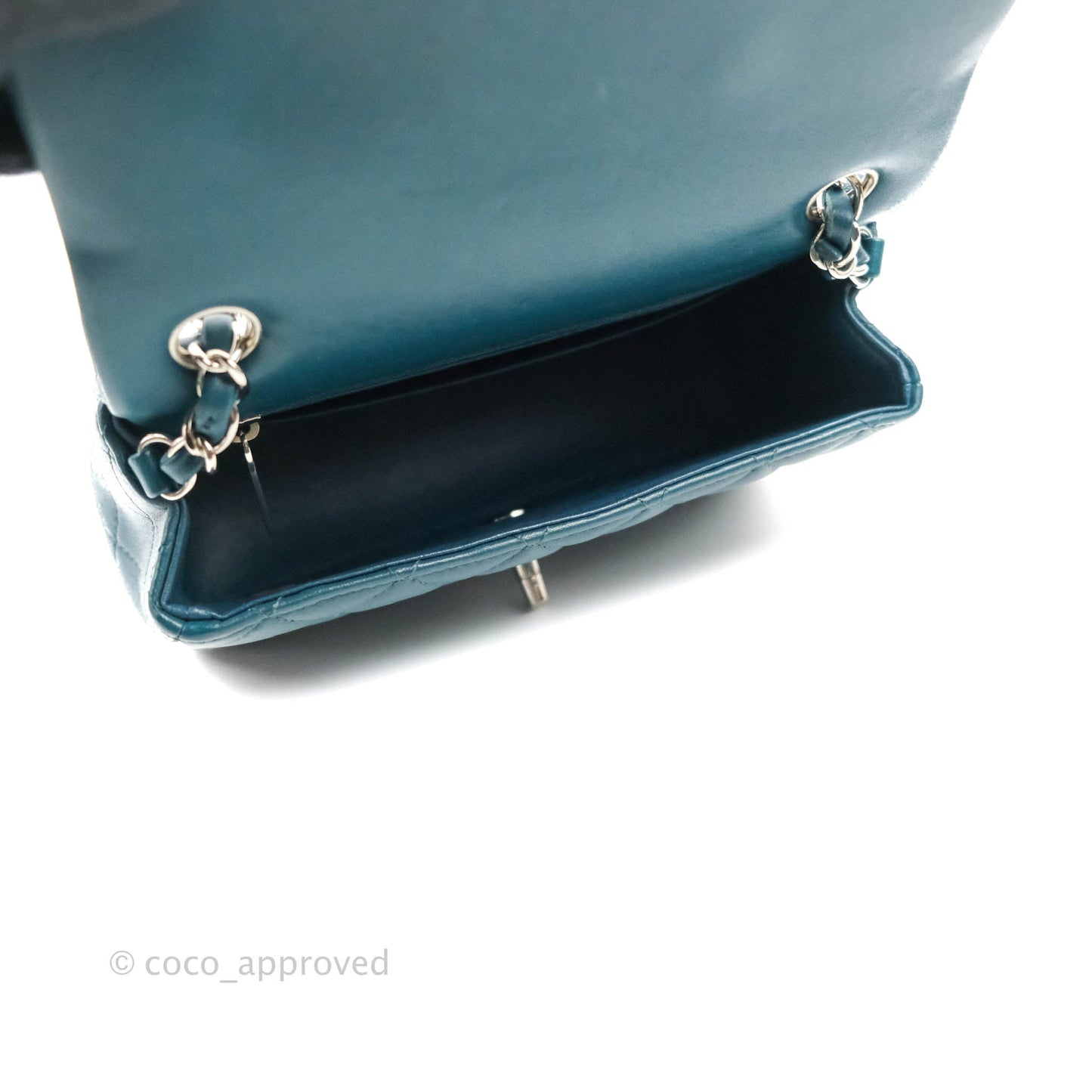 Chanel Quilted Mini Rectangular Flap Teal Lambskin Silver Hardware