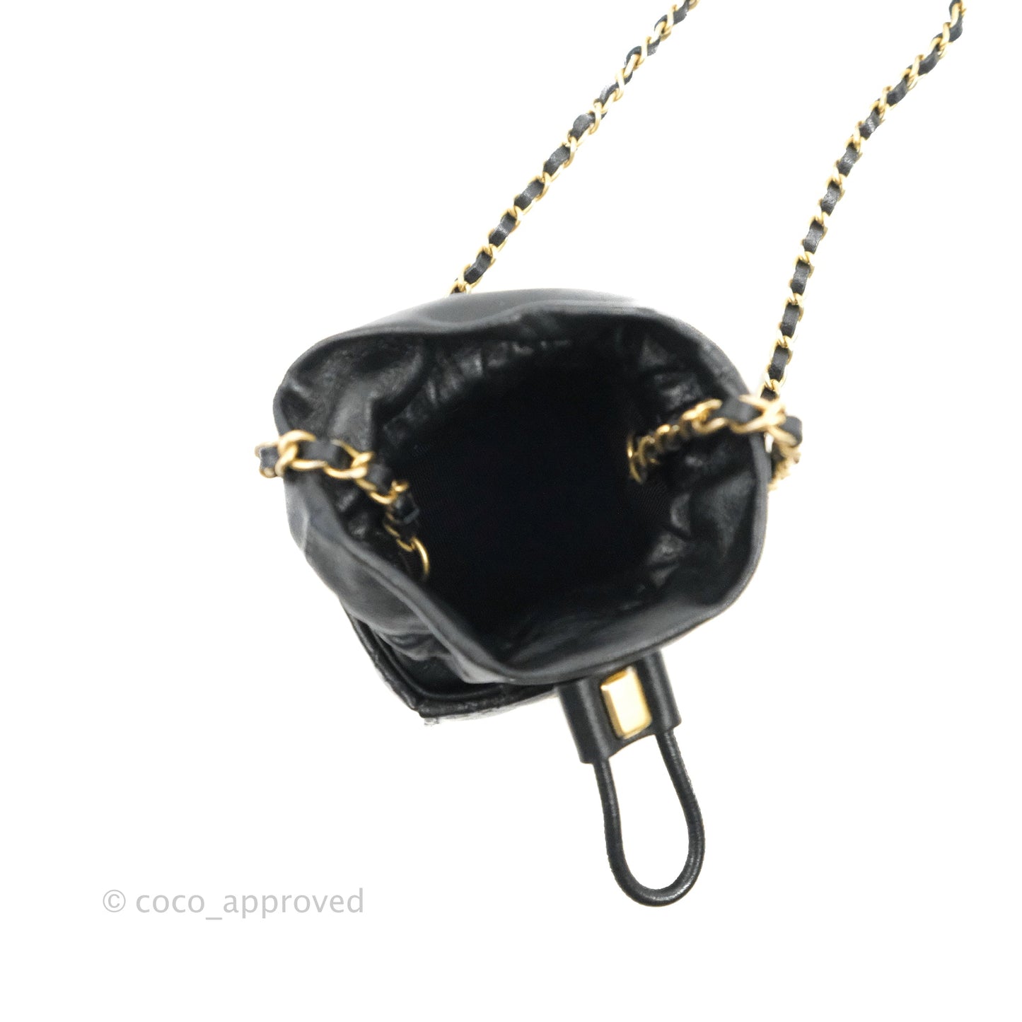 Chanel Mini Drawstring Bucket Bag with Chain Black Calfskin Aged Gold Hardware