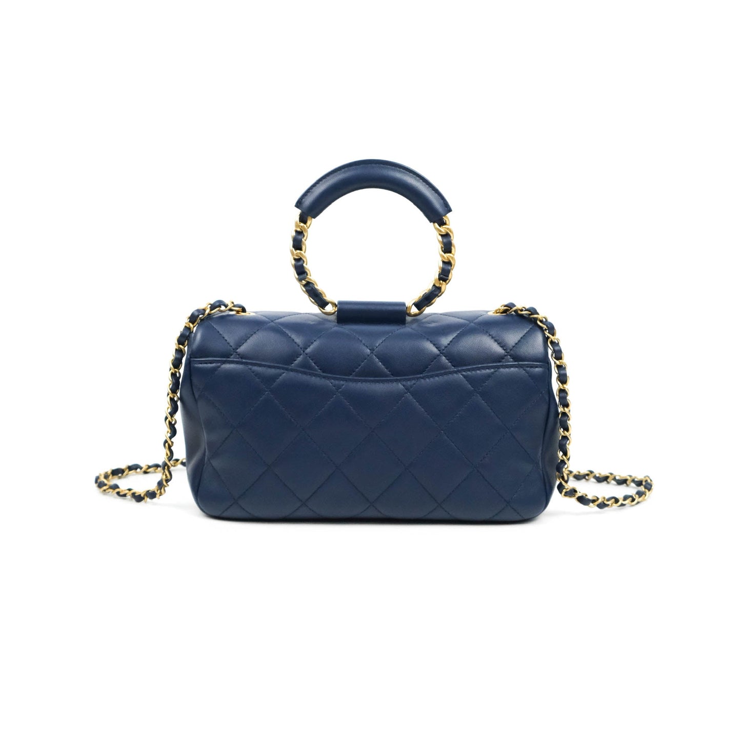 Chanel Circular Handle Flap Bag Navy Lambskin Aged Gold Hardware
