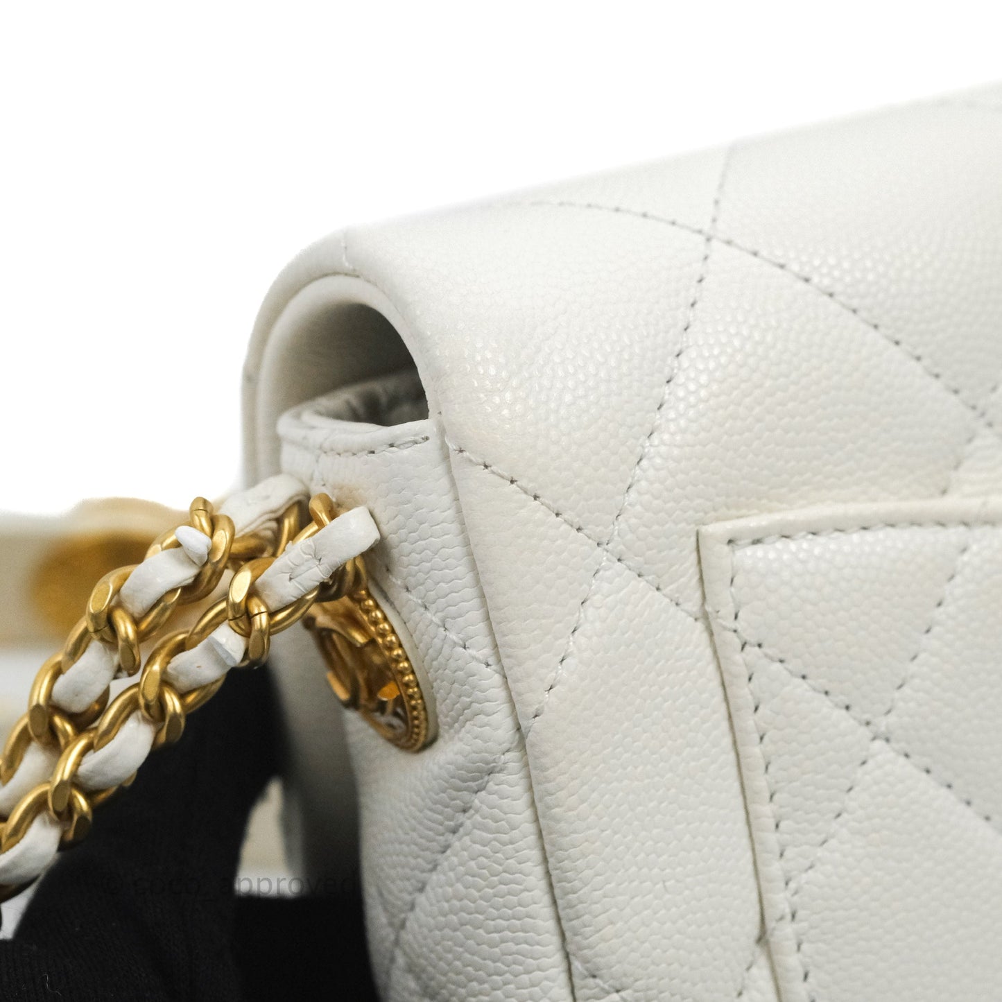 Chanel Mini Flap with Coin Charm White Caviar Aged Gold Hardware 22A