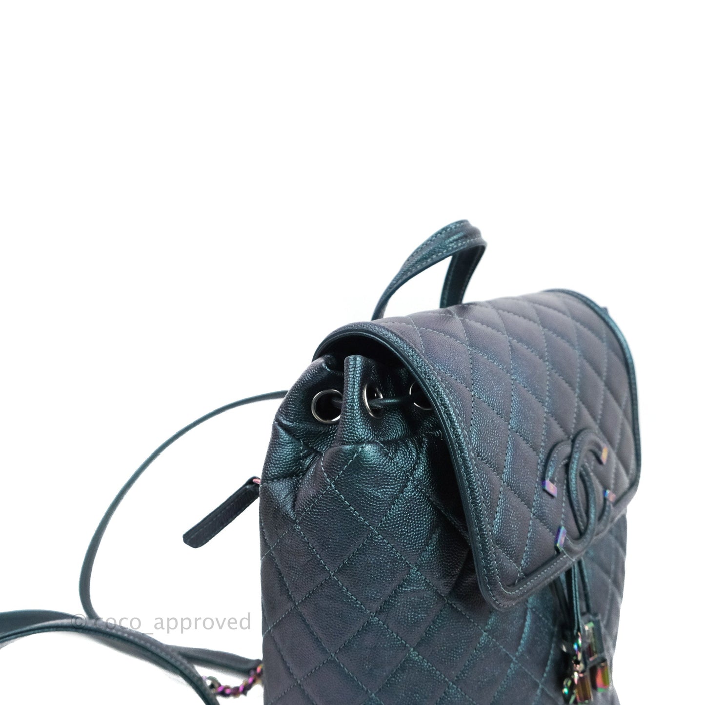 Chanel Quilted CC Filigree Backpack Caviar Iridescent Dark Turquoise Rainbow Hardware