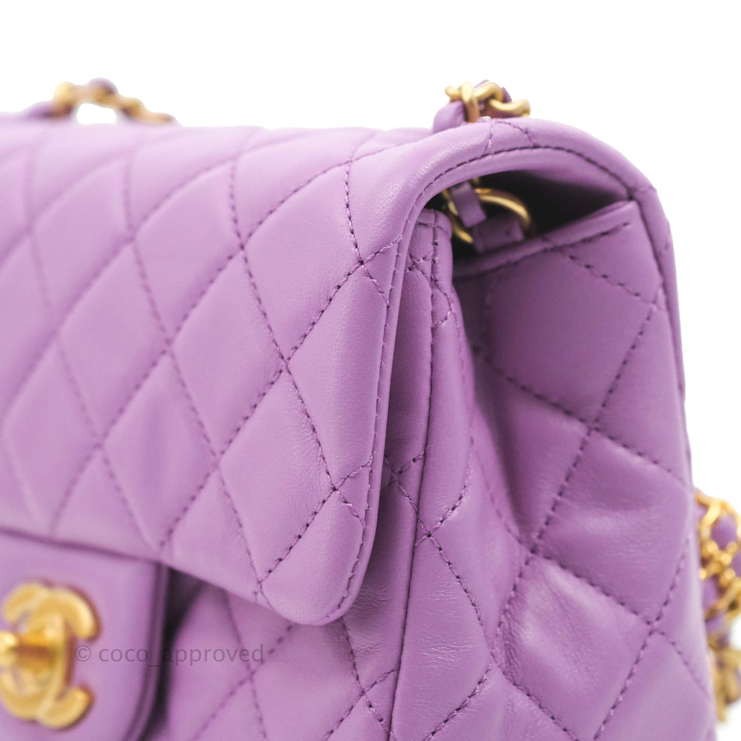 Chanel Mini Square Pearl Crush Quilted Purple Lambskin Aged Gold Hardware