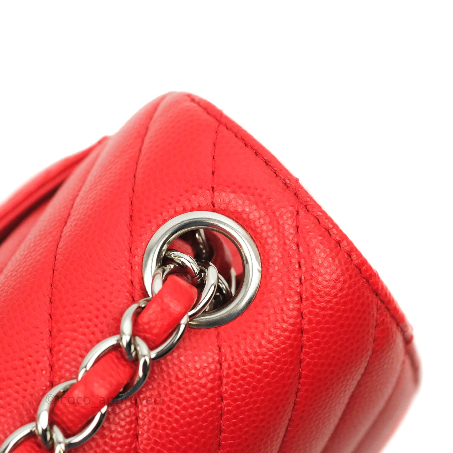 Chanel Mini Square Red Chevron Caviar Silver Hardware