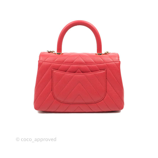 Chanel Small Coco Handle Chevron Red Caviar Gold Hardware 20P