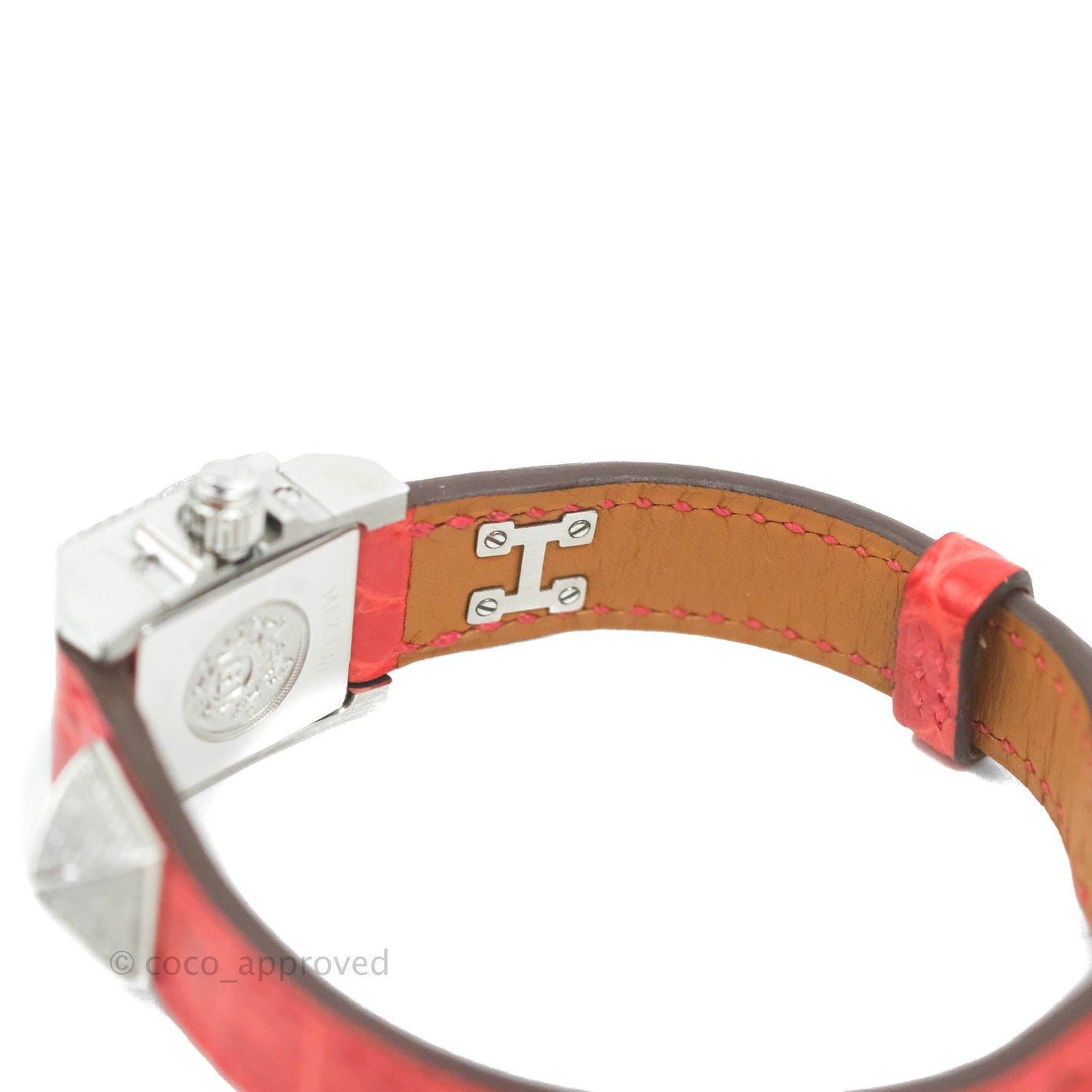Hermes Pave Diamond Medor Red Crocodile Watch Bracelet Palladium Hardware