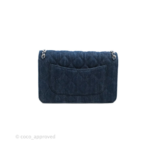 Chanel Quilted Chain Around Wallet on Chain WOC Dark Blue Denim Silver Hardware