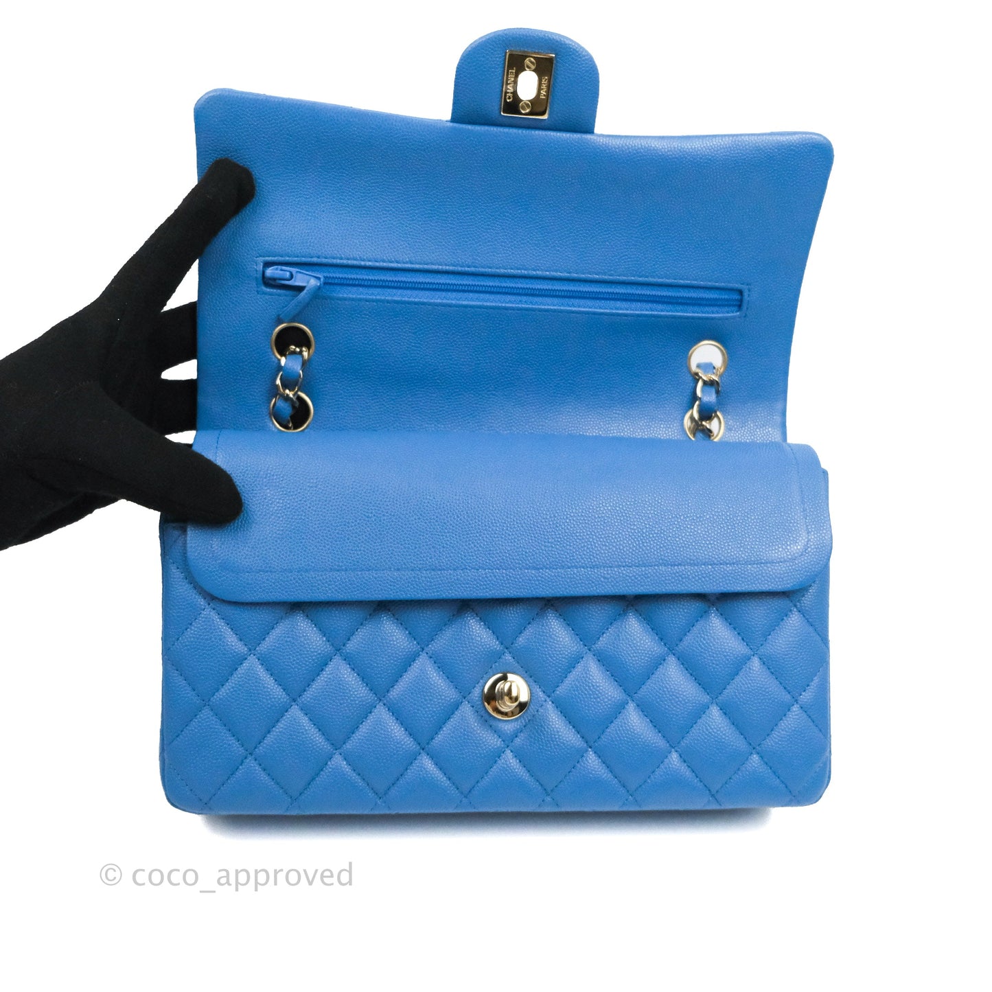 Chanel Classic M/L Medium Flap Quilted Blue Caviar Gold Hardware 21P
