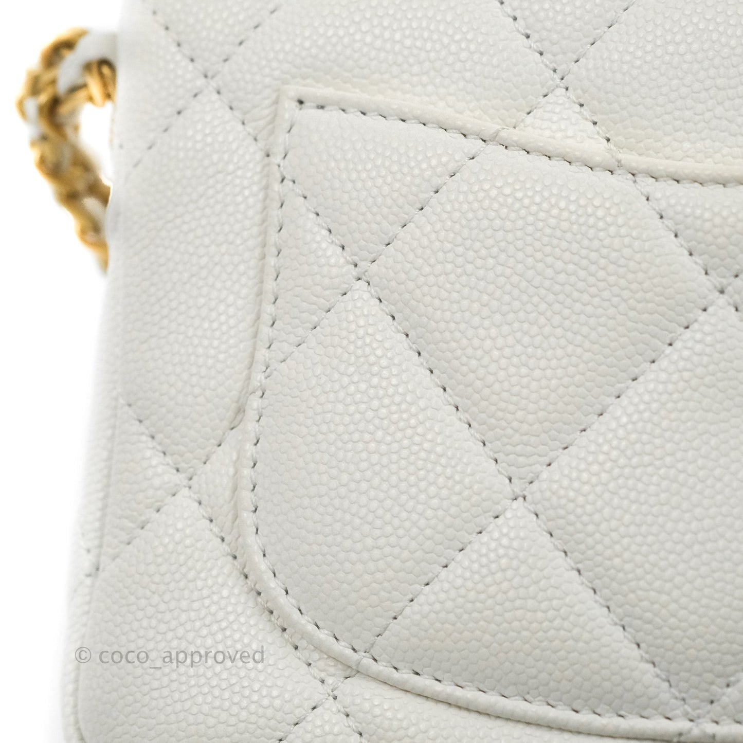 Chanel Mini Flap with Coin Charm White Caviar Aged Gold Hardware 22A