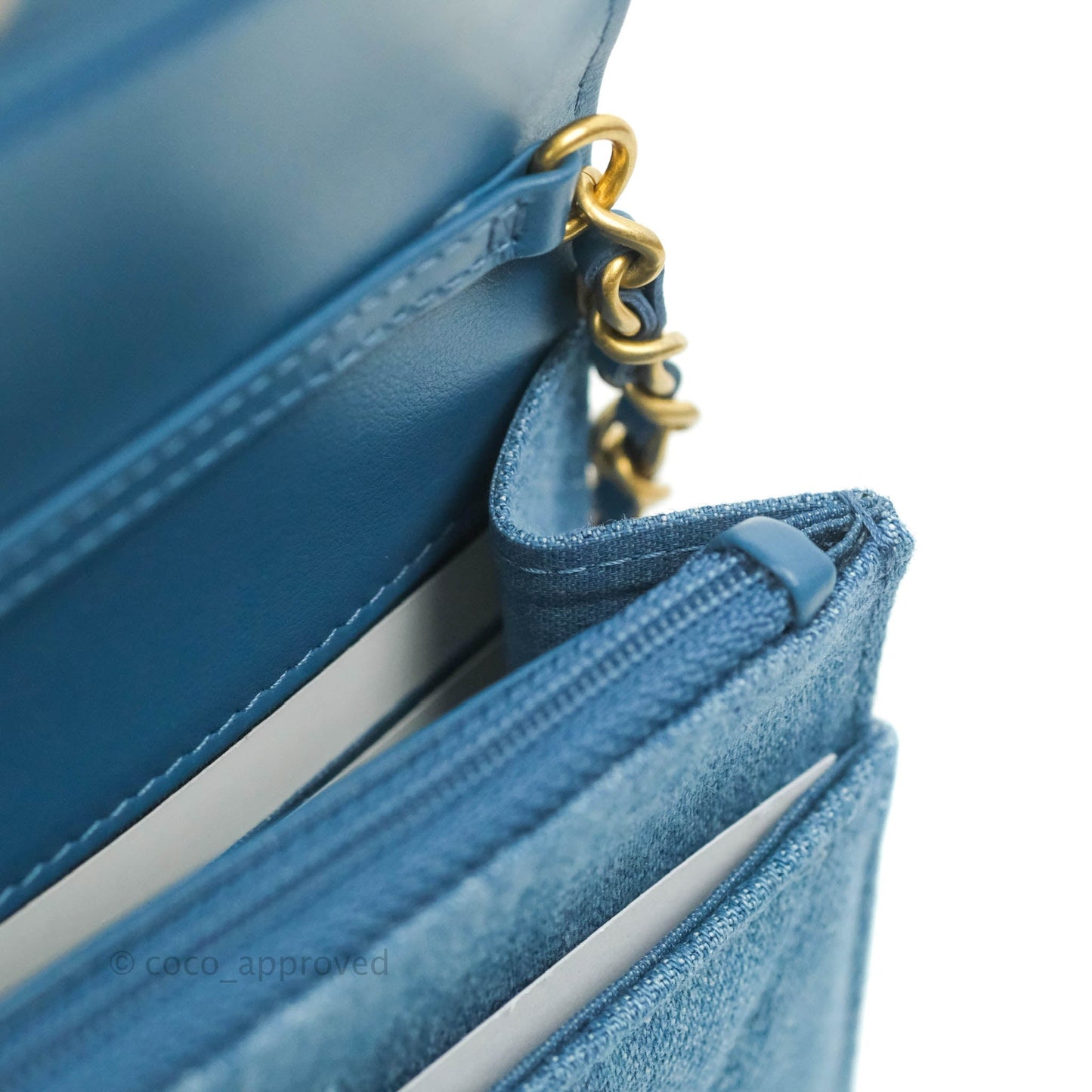 Chanel Quilted Pearl Crush Wallet on Chain WOC Denim Aged Gold Hardware