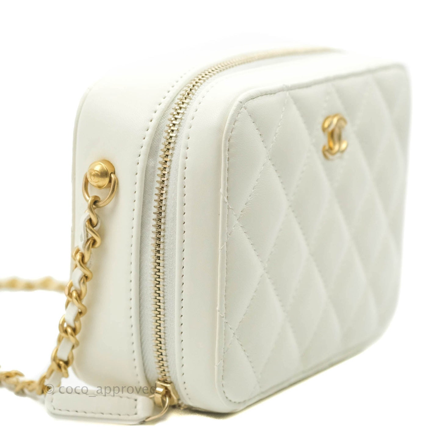 Chanel Mini Pearl Crush Quilted Camera Case White Lambskin Aged Gold Hardware