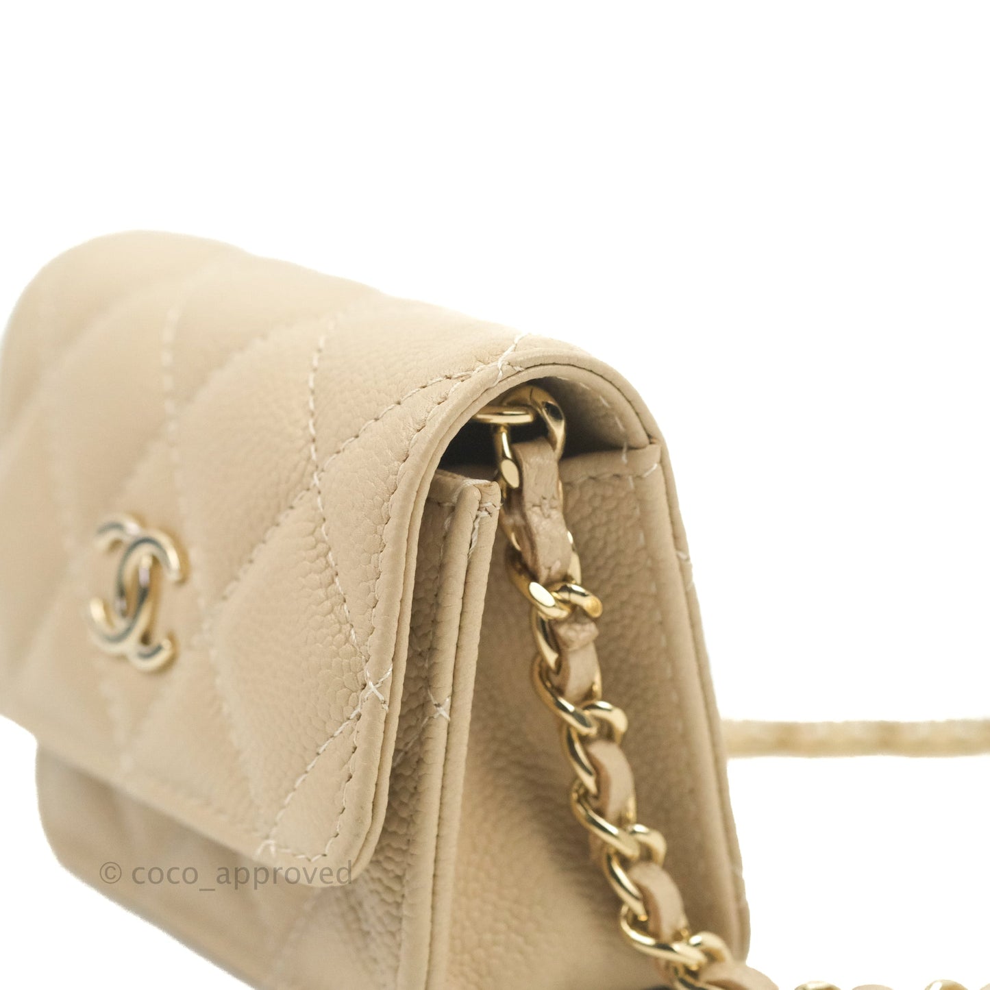 Chanel Quilted Card Holder with CC Chain Beige Caviar Gold Hardware