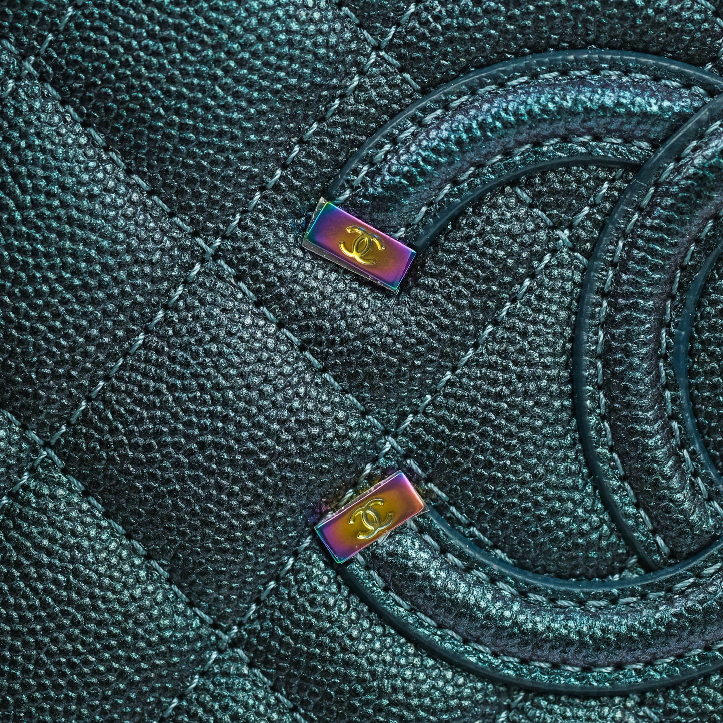 Chanel Quilted Medium CC Filigree Vanity Case Iridescent Dark Turquoise Caviar Rainbow Hardware